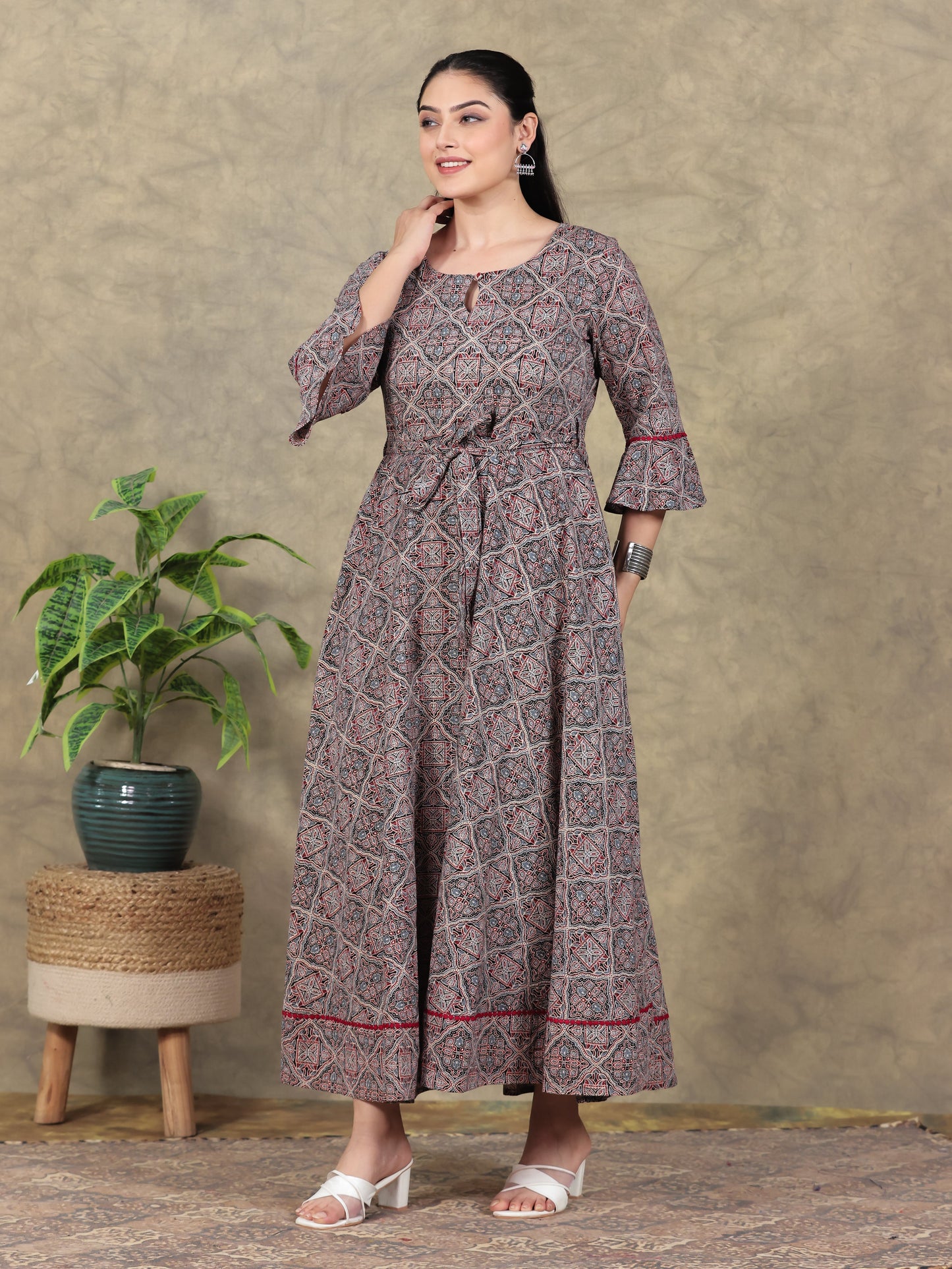 Kantha Cotton Ajrakh Anarkali Rust Dress