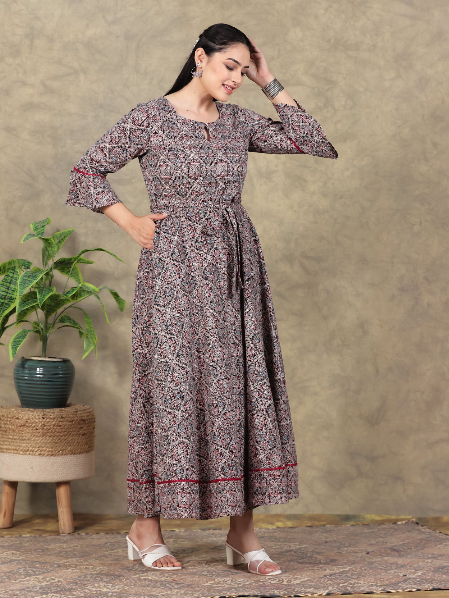 Kantha Cotton Ajrakh Anarkali Rust Dress