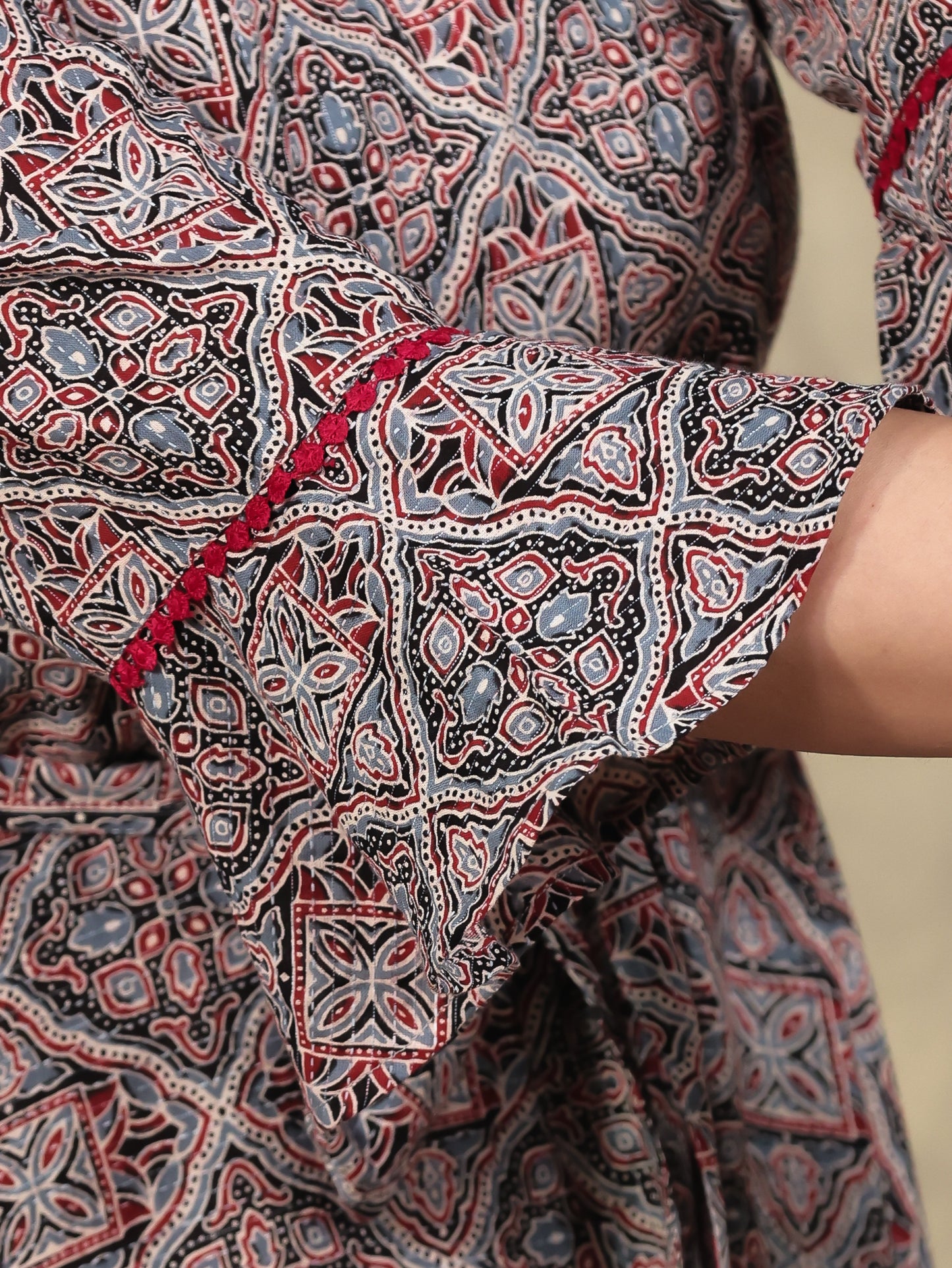 Kantha Cotton Ajrakh Anarkali Rust Dress