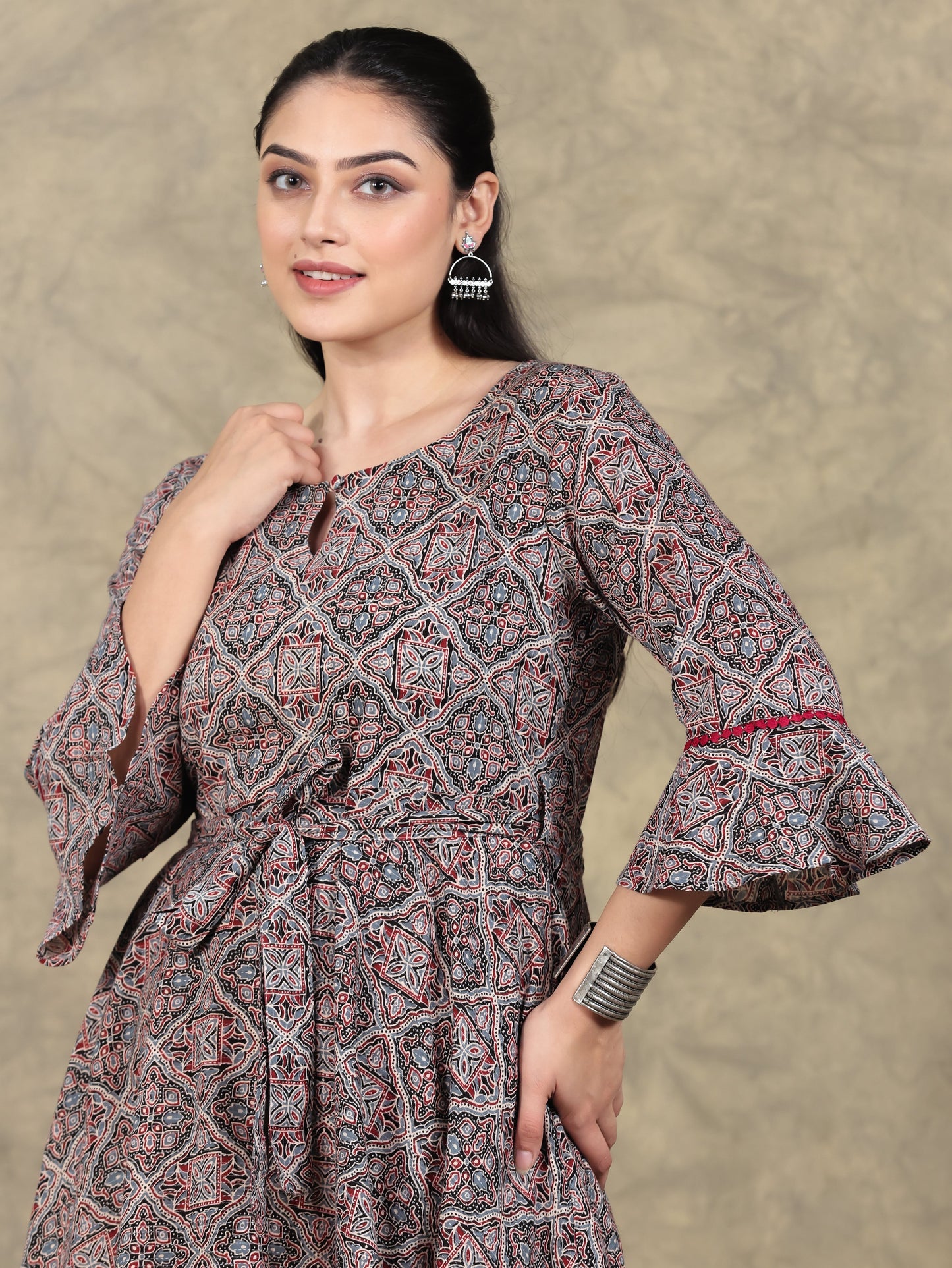 Kantha Cotton Ajrakh Anarkali Rust Dress
