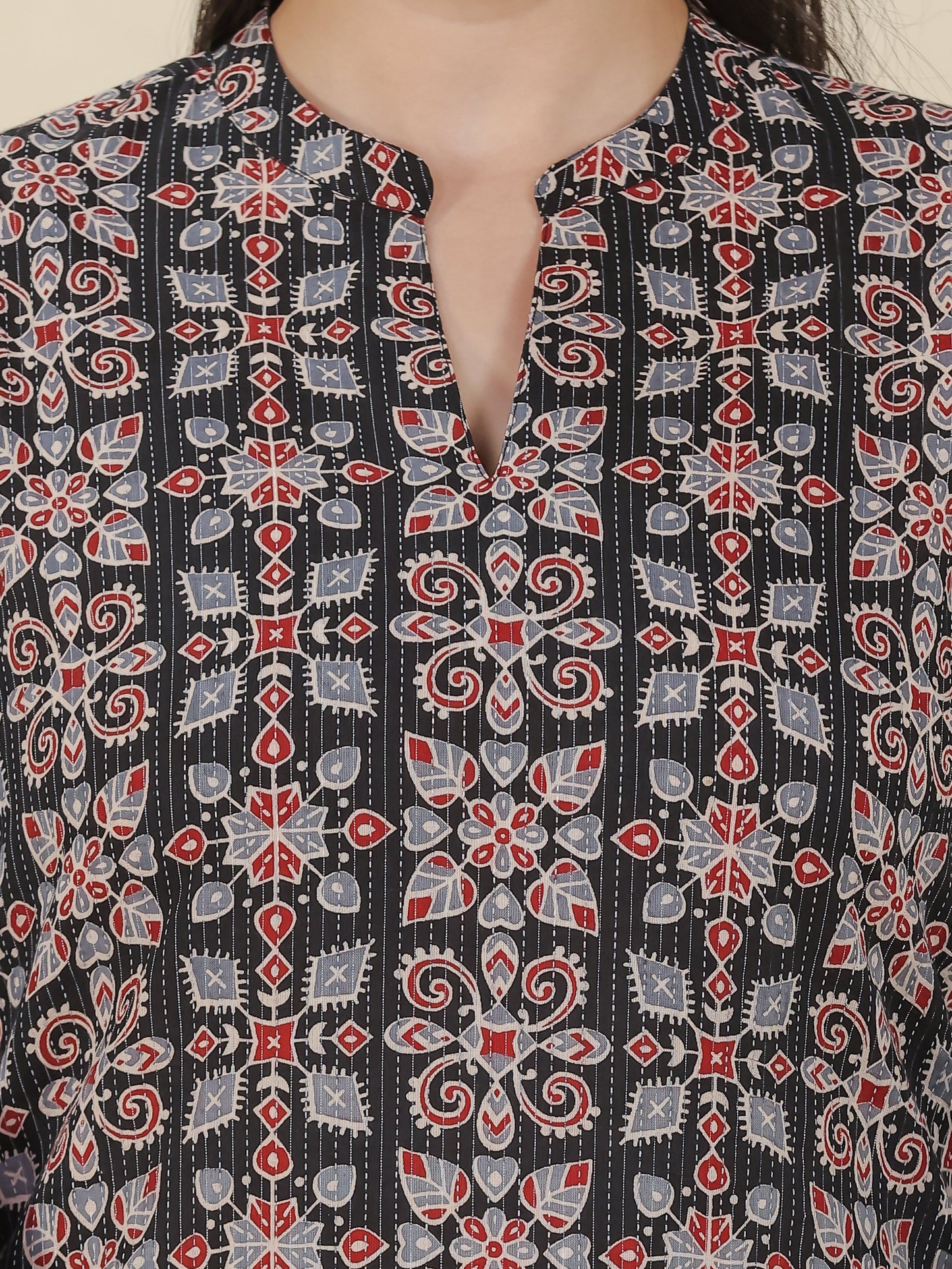 Kantha Cotton Geometric Straight Black Kurta