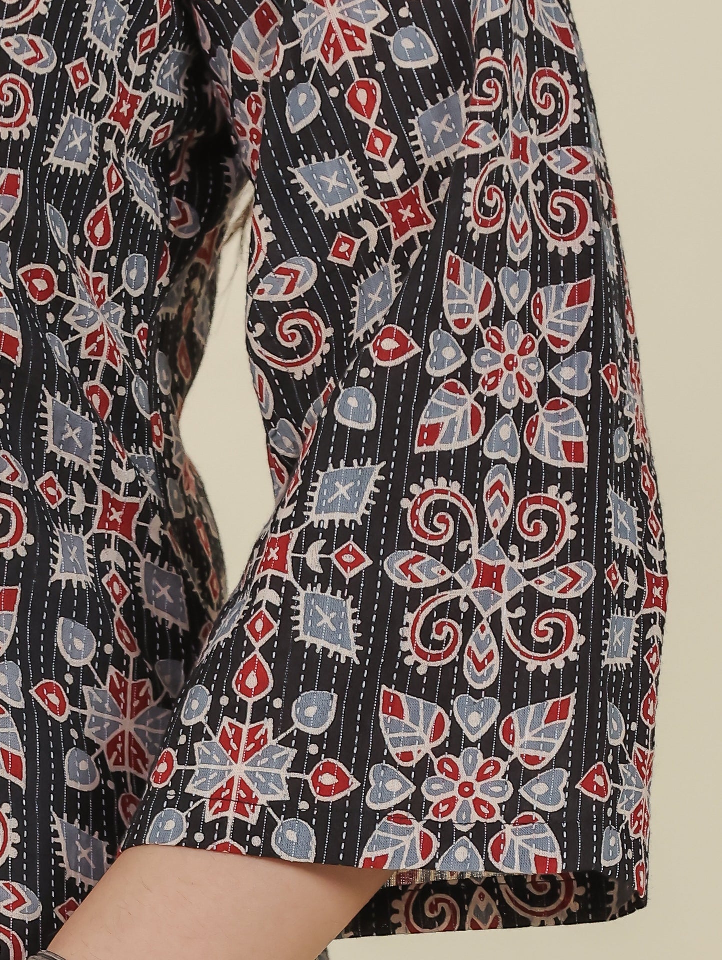 Kantha Cotton Geometric Straight Black Kurta