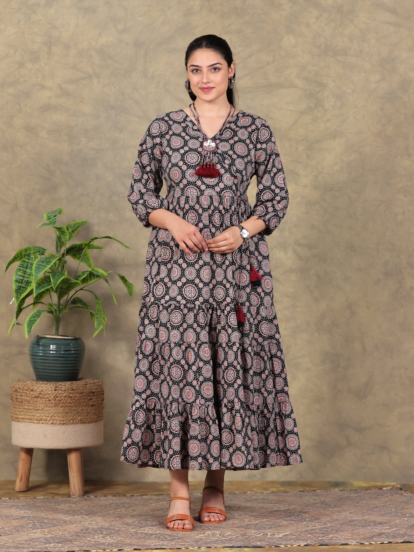 Kantha Cotton Ajrakh Anarkali Black Dress (With Necklace)