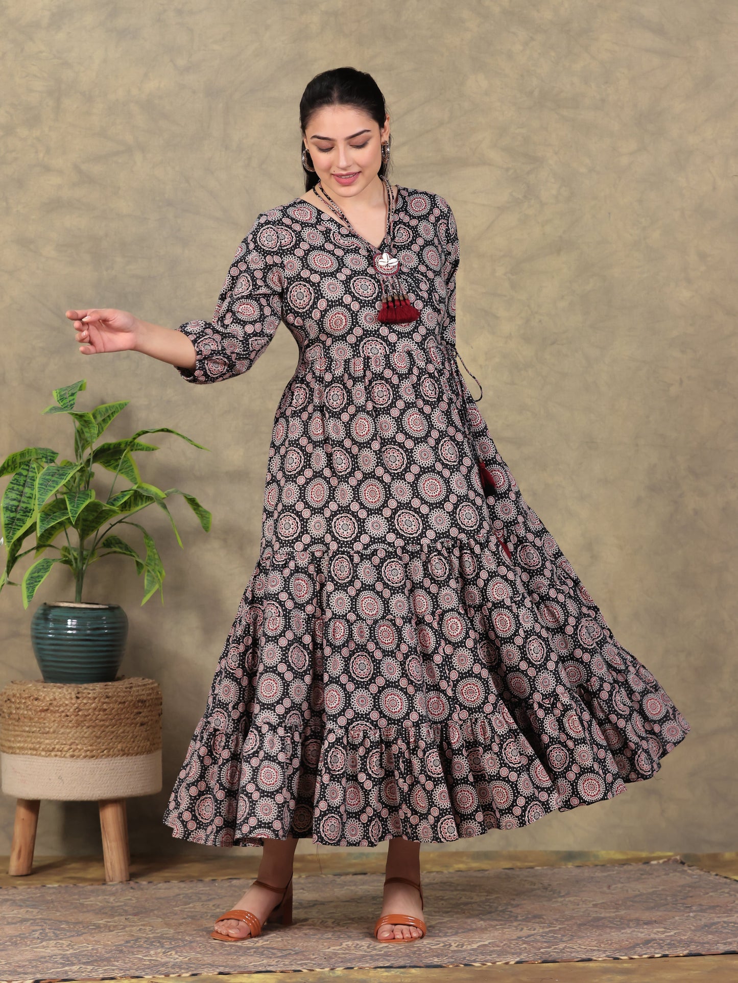 Kantha Cotton Ajrakh Anarkali Black Dress (With Necklace)