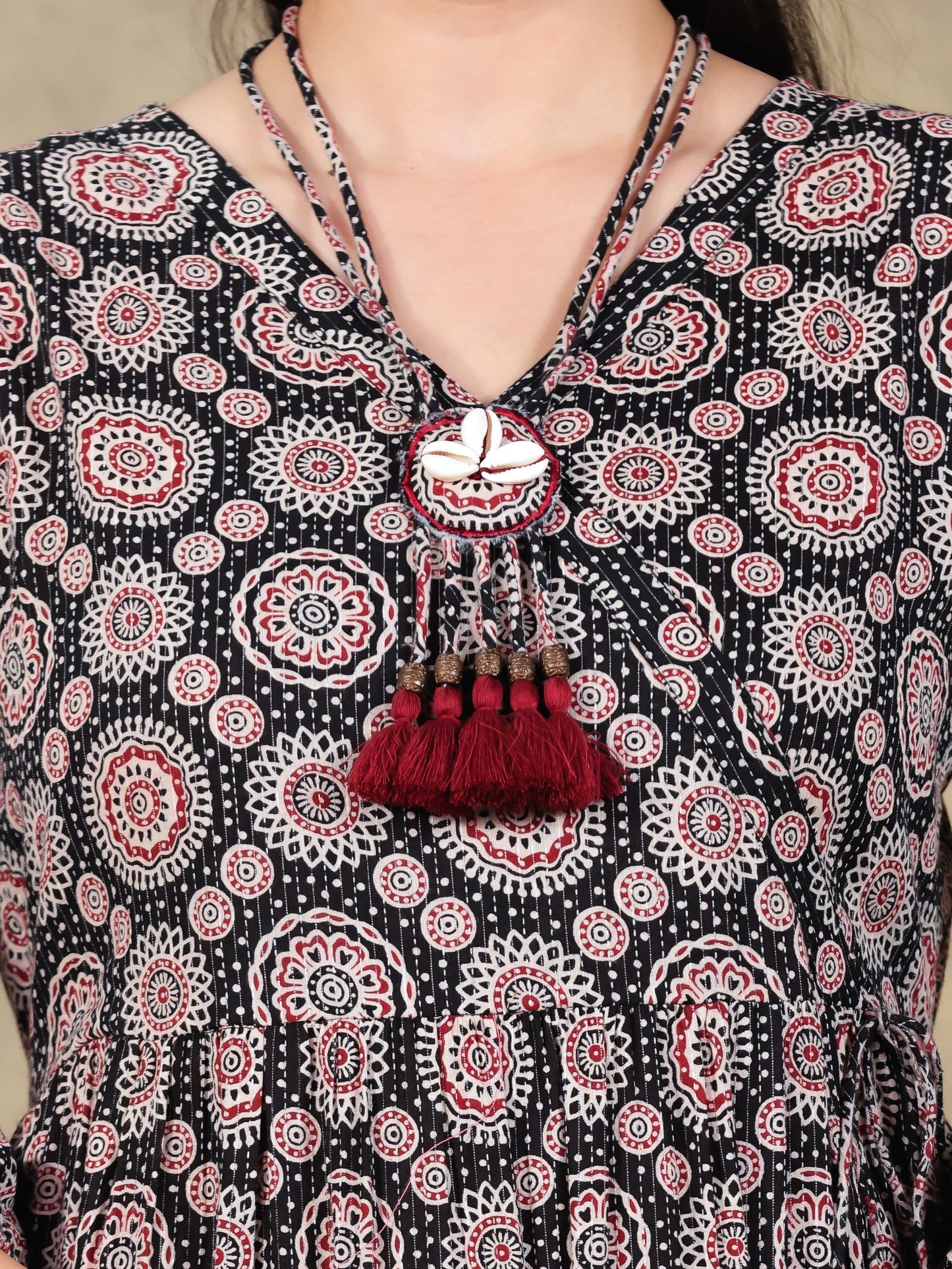 Kantha Cotton Ajrakh Anarkali Black Dress (With Necklace)