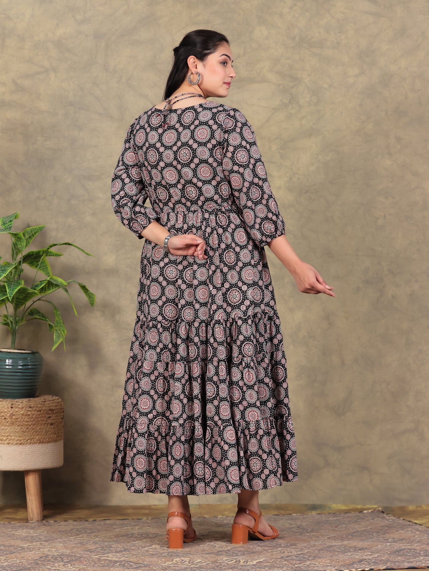 Kantha Cotton Ajrakh Anarkali Black Dress (With Necklace)