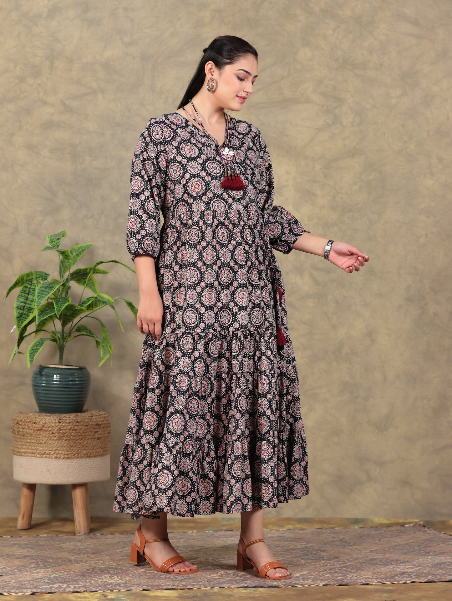 Kantha Cotton Ajrakh Anarkali Black Dress (With Necklace)