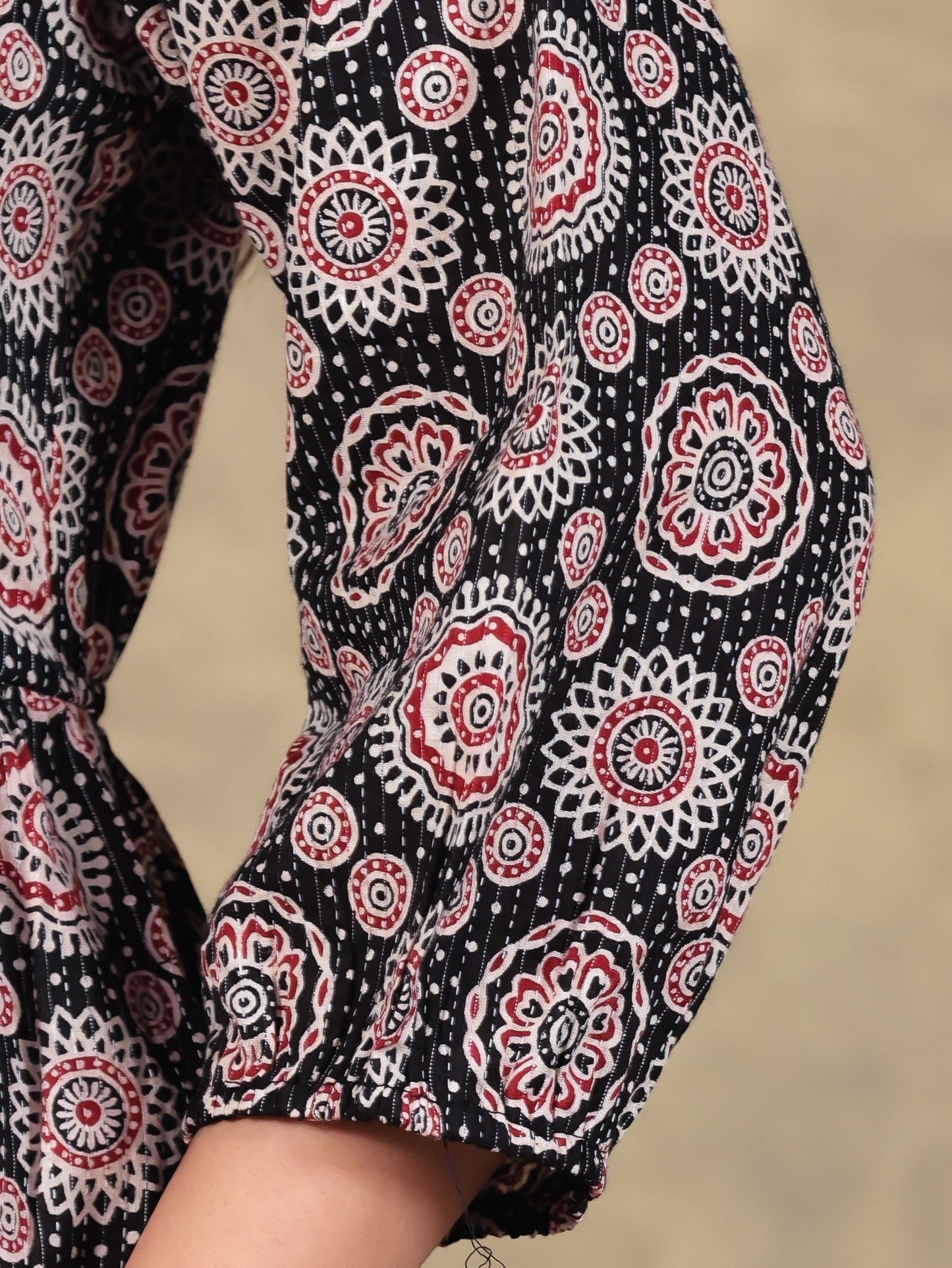 Kantha Cotton Ajrakh Anarkali Black Dress (With Necklace)