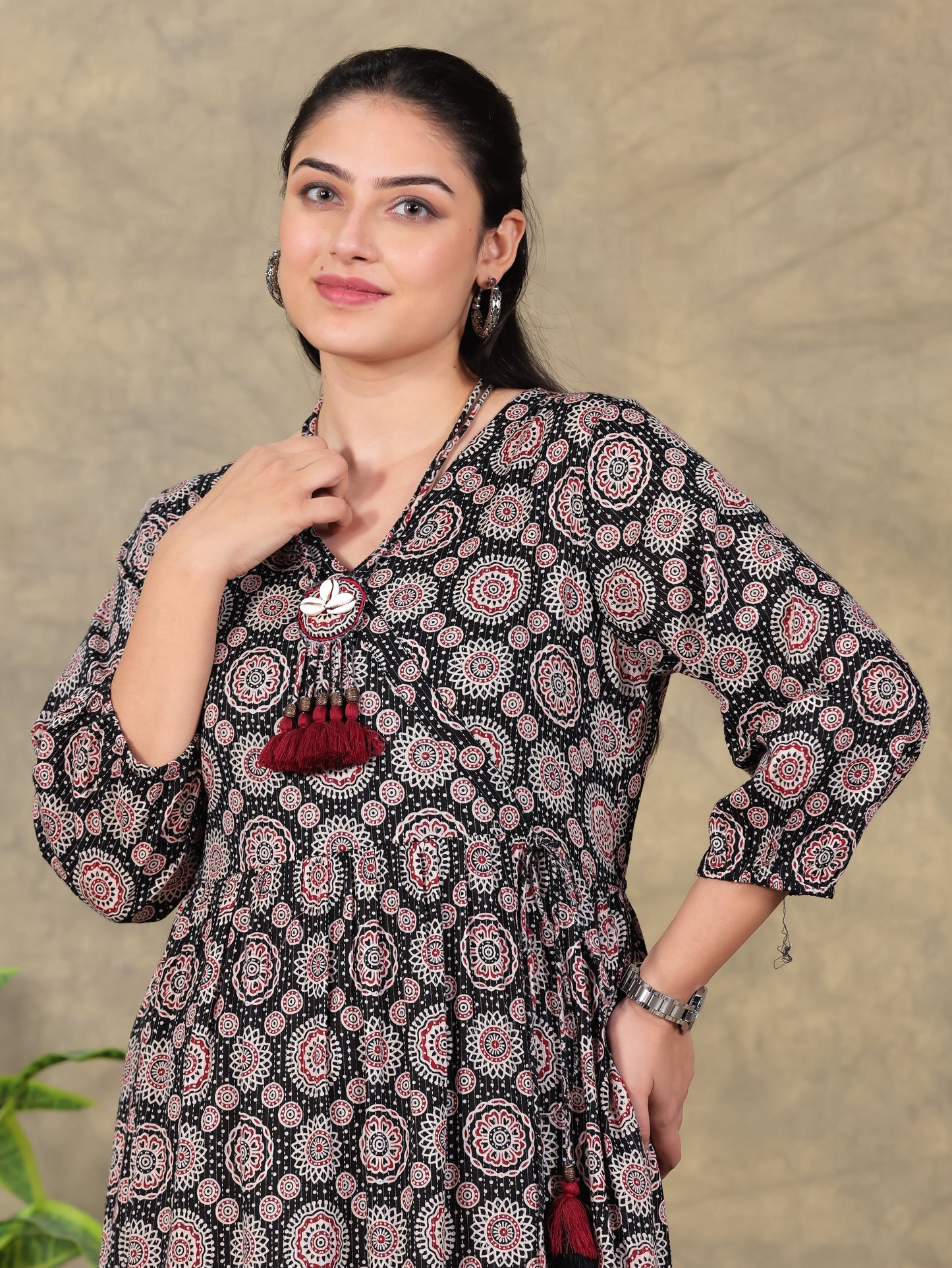 Kantha Cotton Ajrakh Anarkali Black Dress (With Necklace)