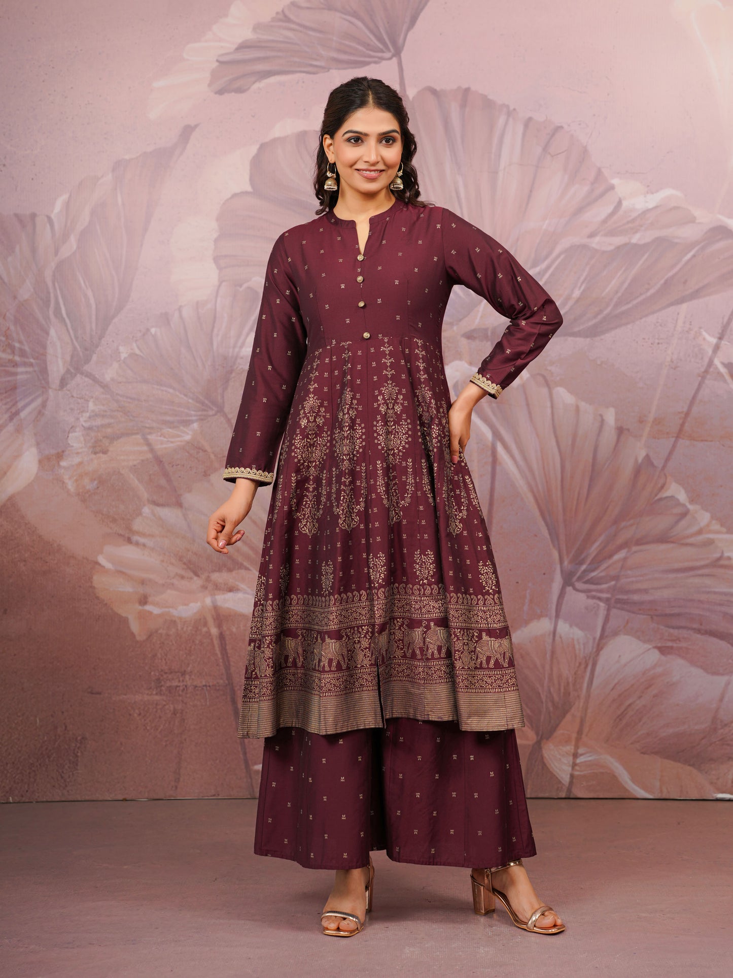 Chanderi Gold foil Anarkali Maroon Kurta