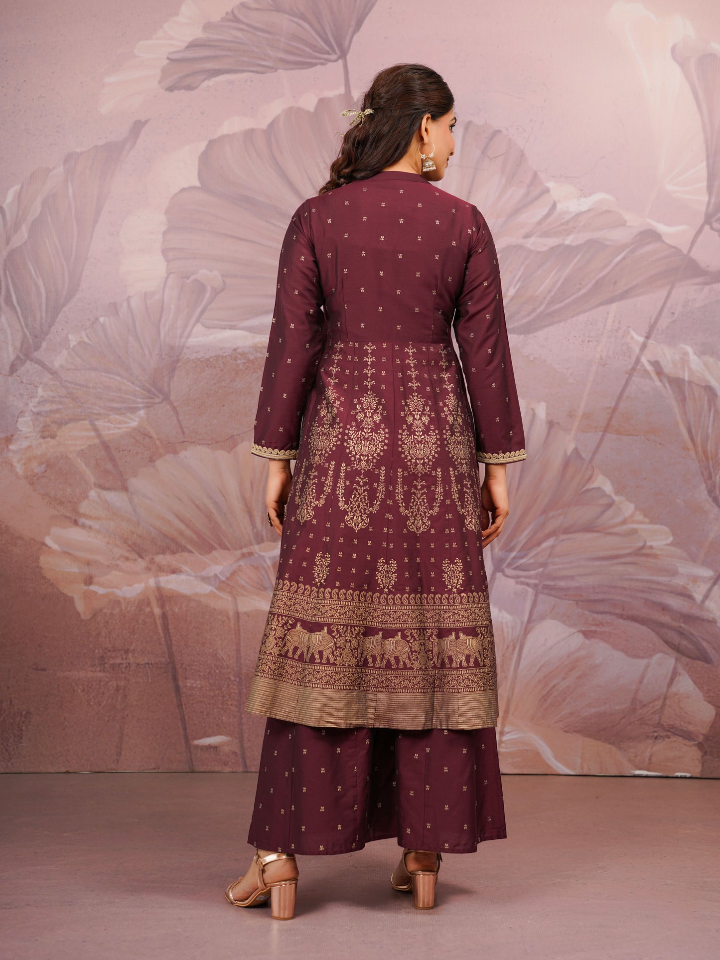 Chanderi Gold foil Anarkali Maroon Kurta