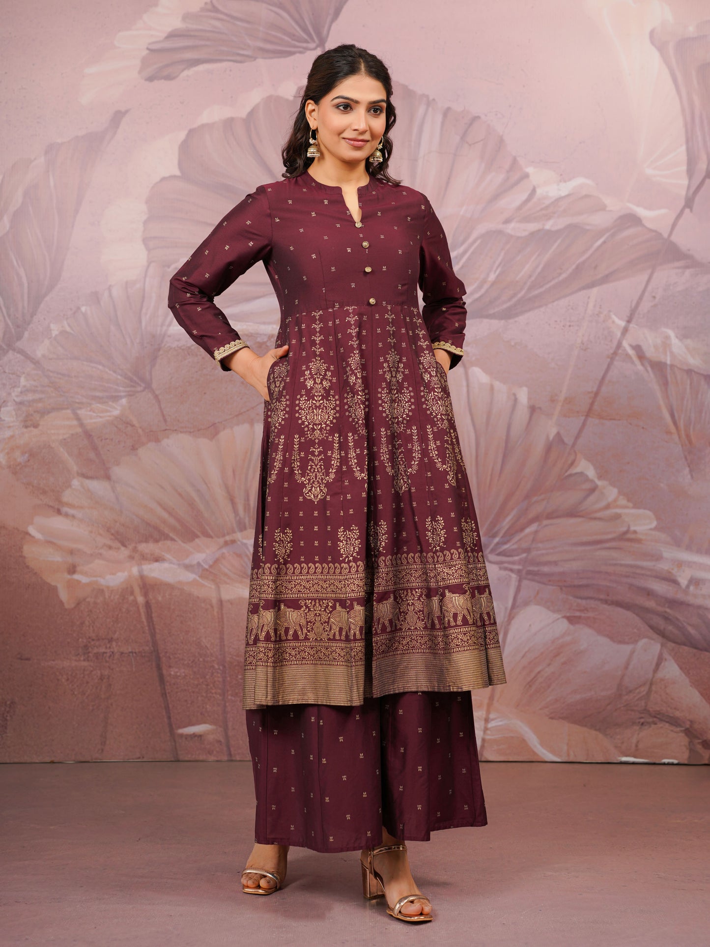 Chanderi Gold foil Anarkali Maroon Kurta