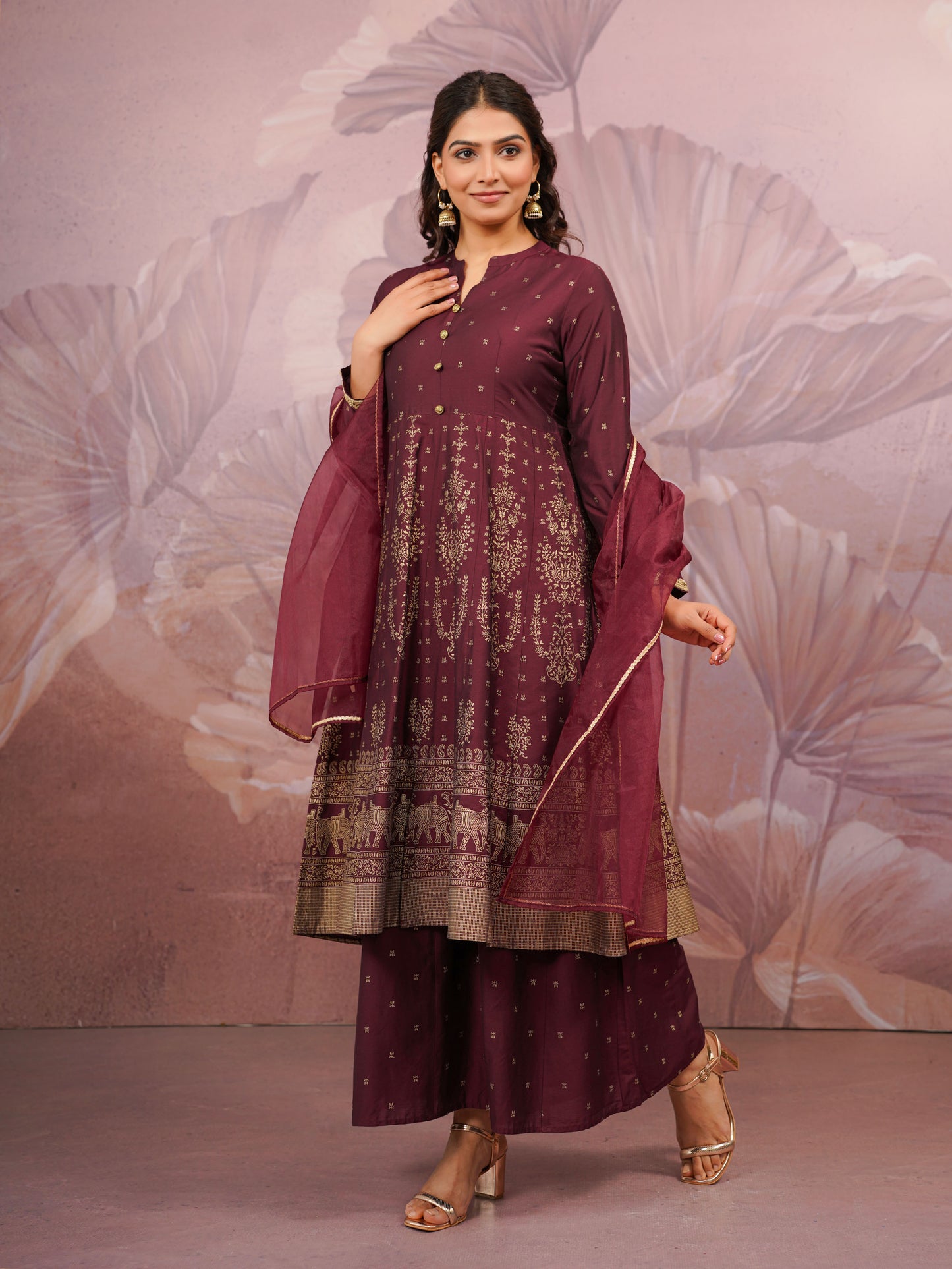 Chanderi Gold foil Anarkali Maroon Kurta