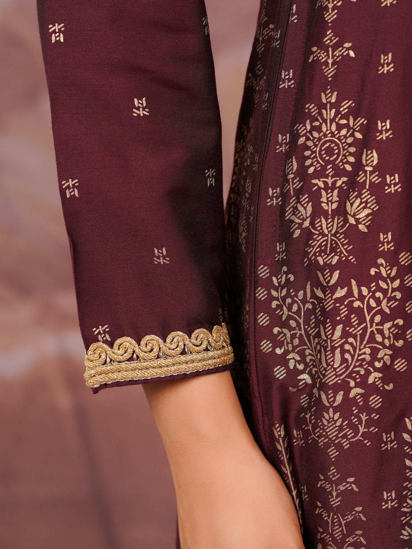 Chanderi Gold foil Anarkali Maroon Kurta