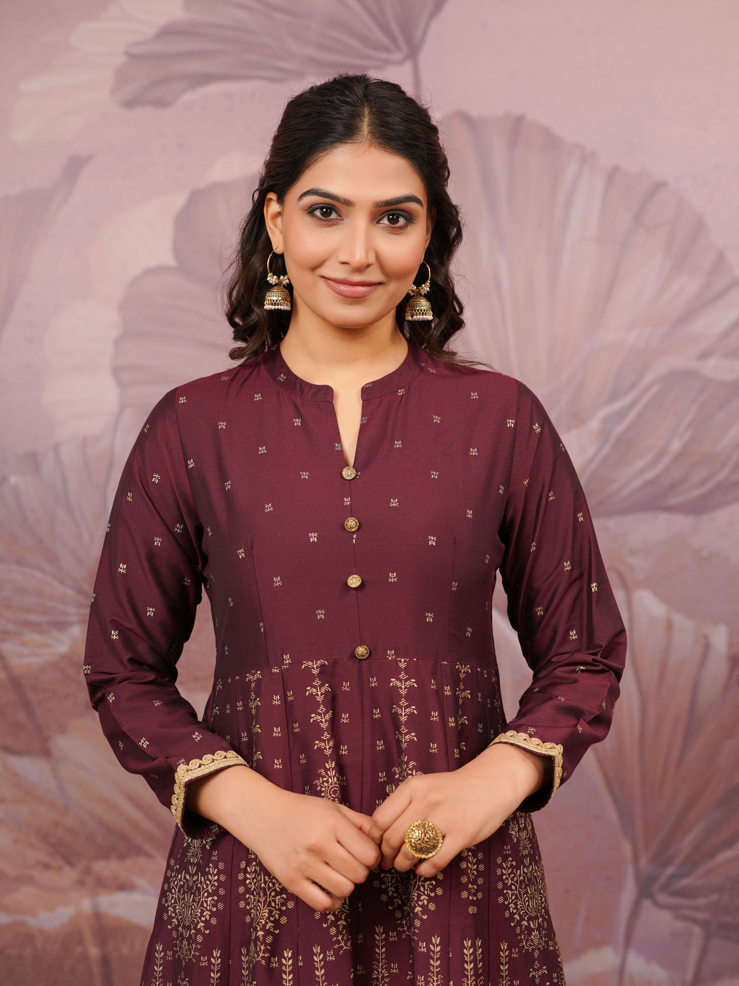 Chanderi Gold foil Anarkali Maroon Kurta
