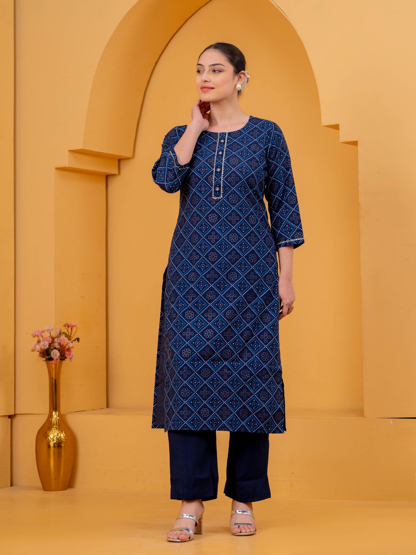 Chanderi Geometric Straight Navy Blue Kurta