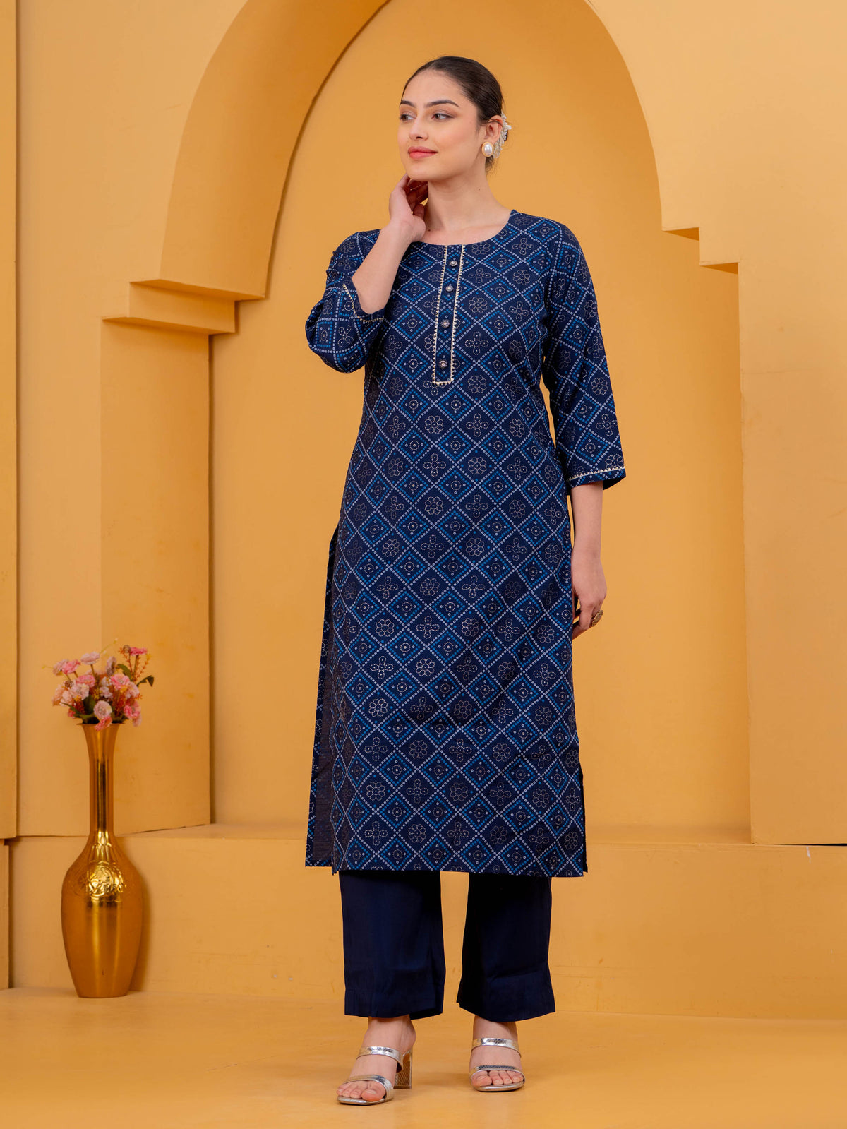 Chanderi Geometric Straight Navy Blue Kurta