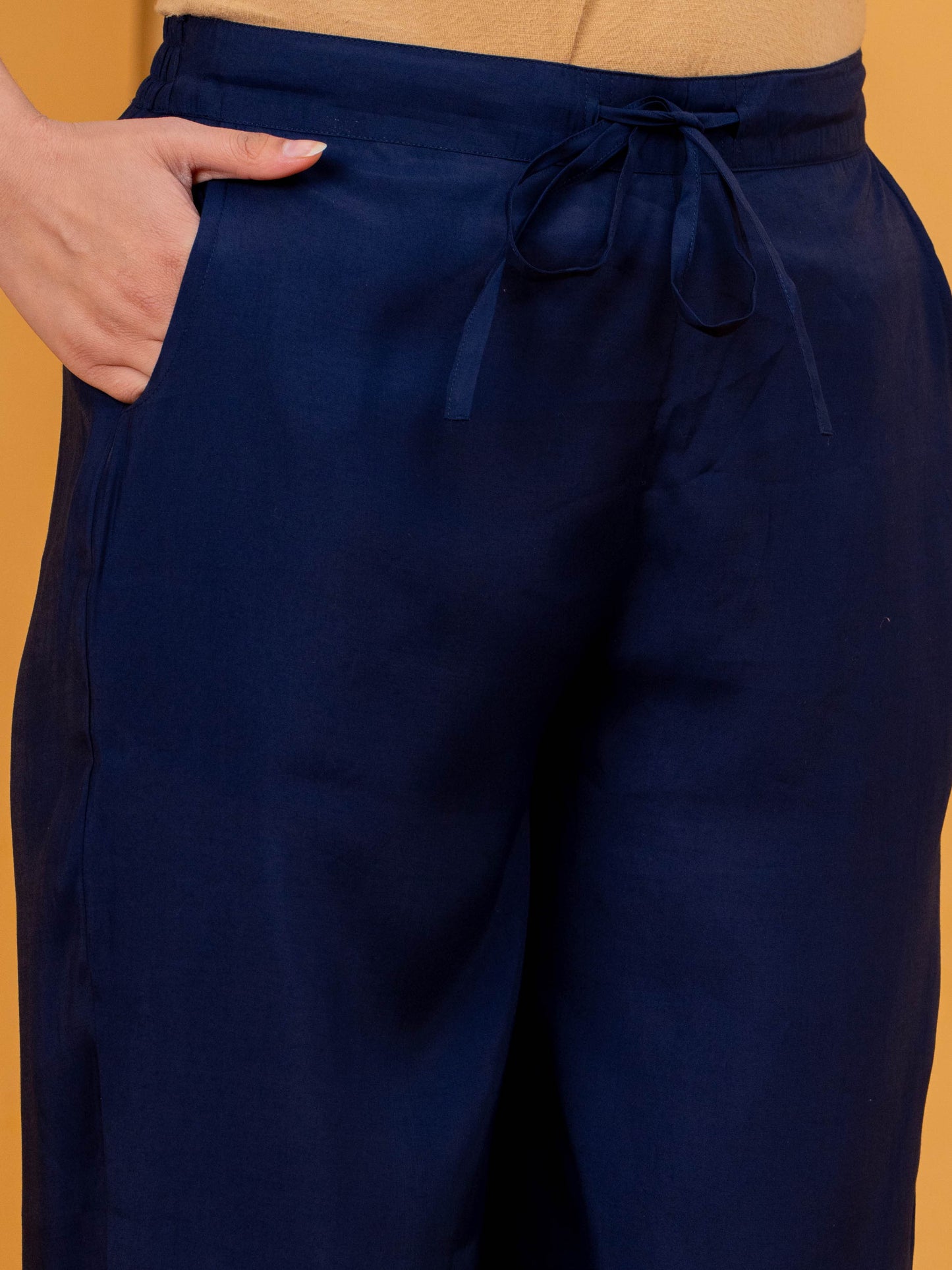 Chanderi Solid Navy Blue Straight Trousers