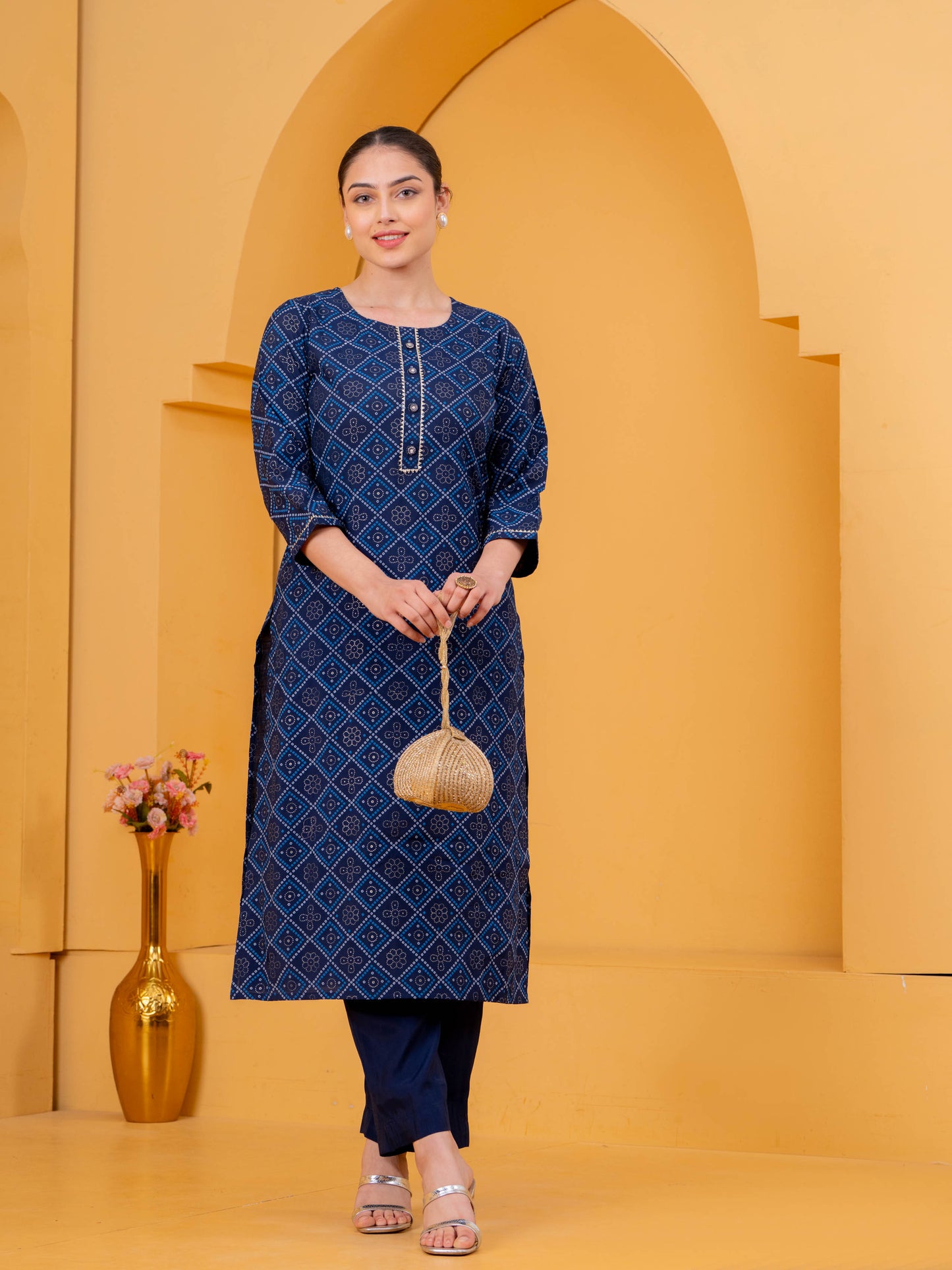 Chanderi Geometric Straight Navy Blue Kurta