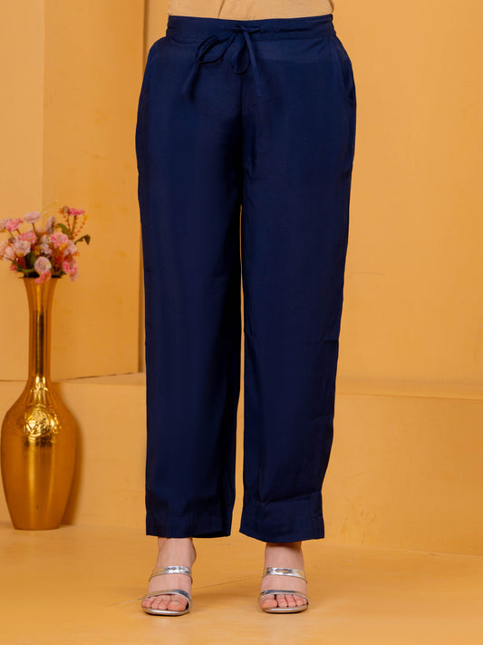 Chanderi Solid Navy Blue Straight Trousers