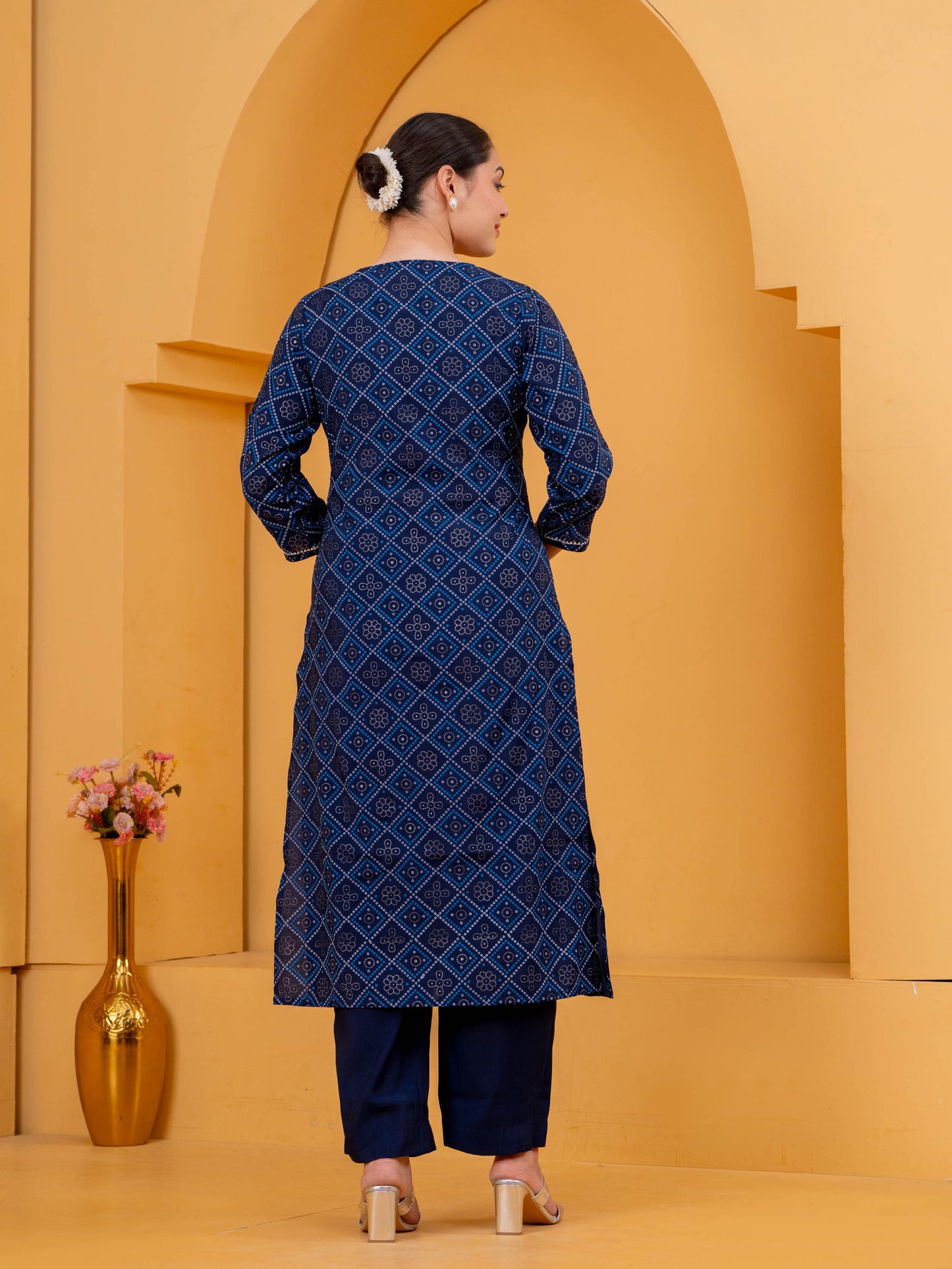 Chanderi Geometric Straight Navy Blue Kurta