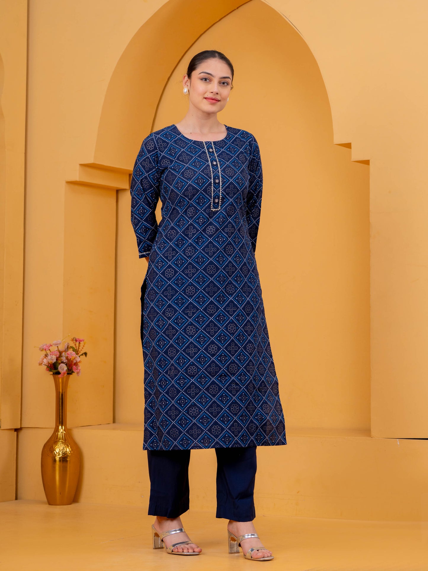 Chanderi Geometric Straight Navy Blue Kurta