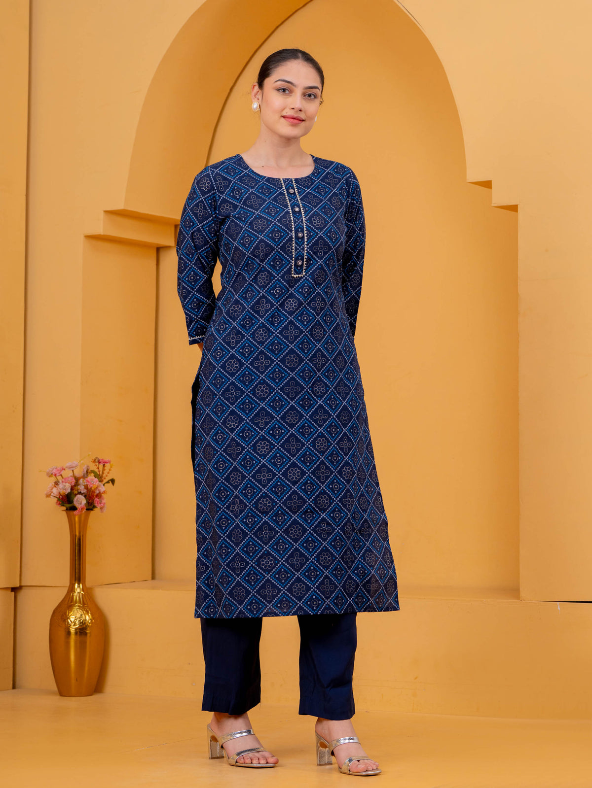 Chanderi Geometric Straight Navy Blue Kurta