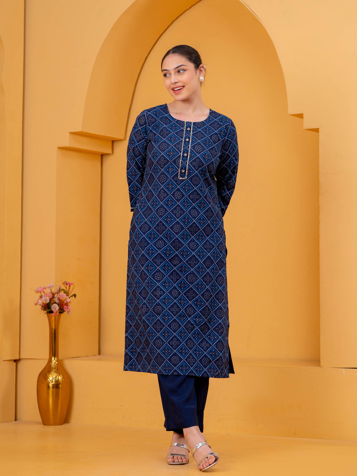 Chanderi Geometric Straight Navy Blue Kurta