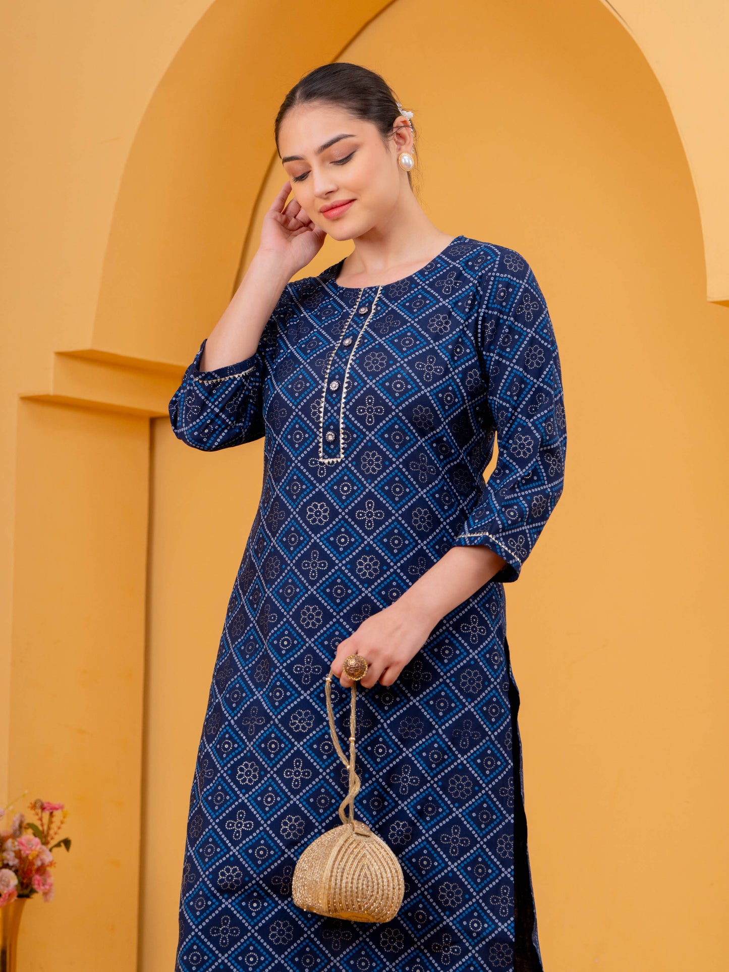 Chanderi Geometric Straight Navy Blue Kurta