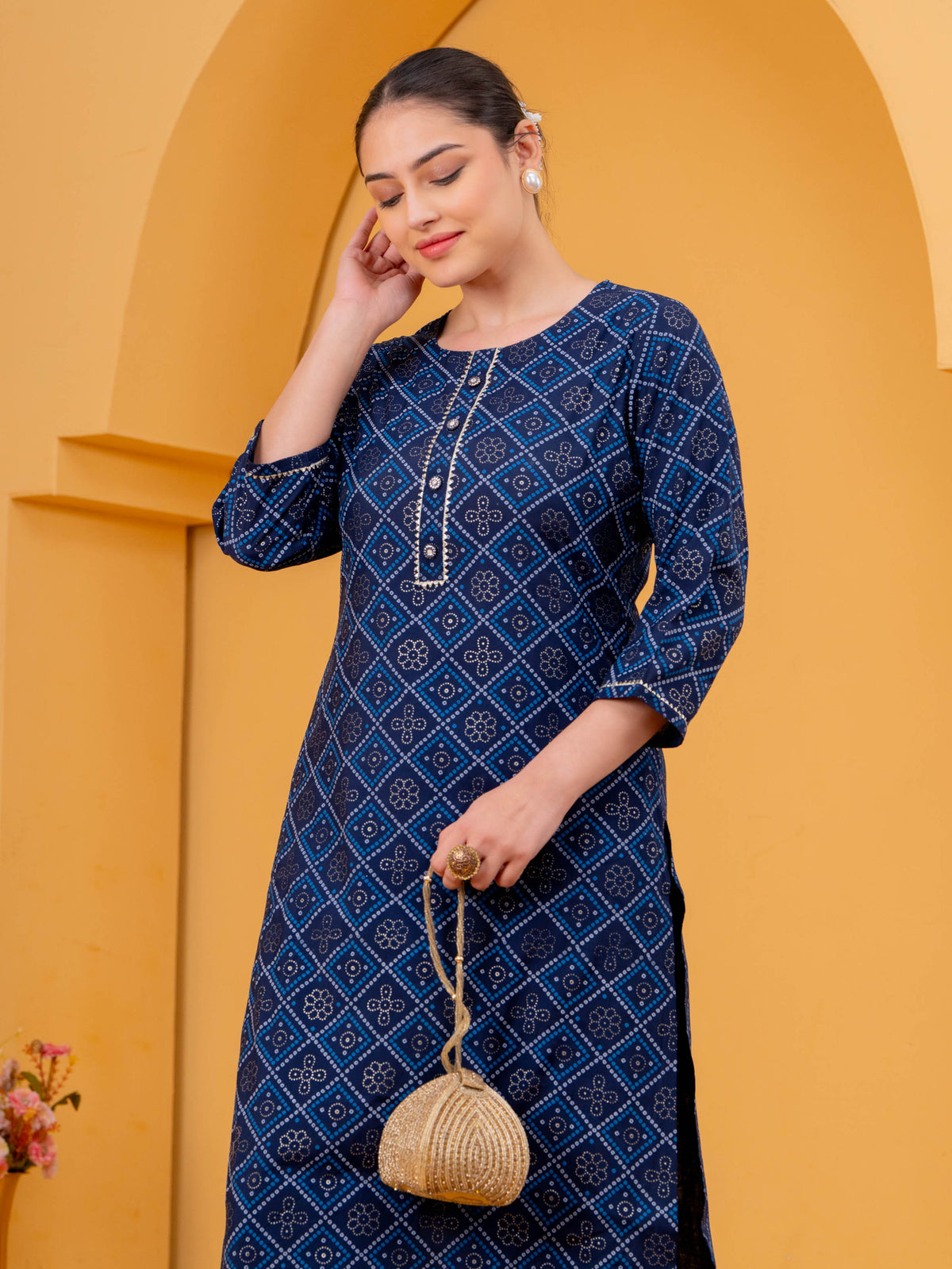 Chanderi Geometric Straight Navy Blue Kurta