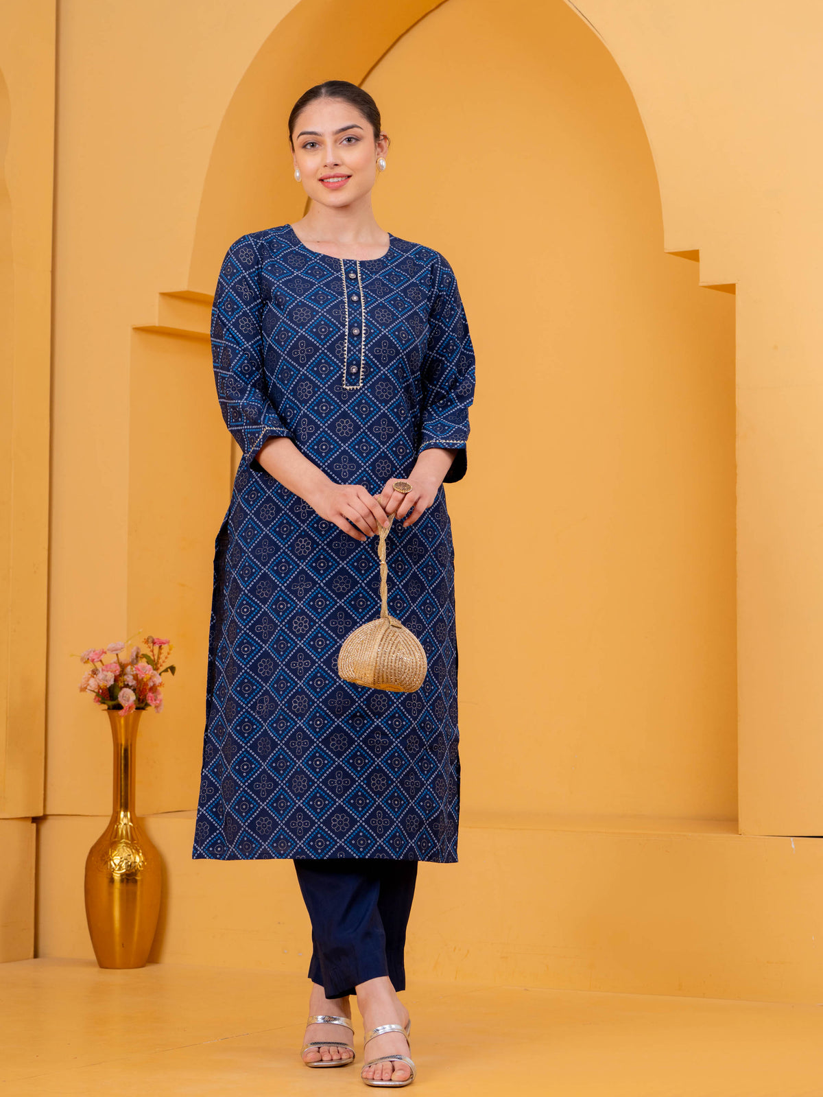 Chanderi Geometric Straight Navy Blue Kurta