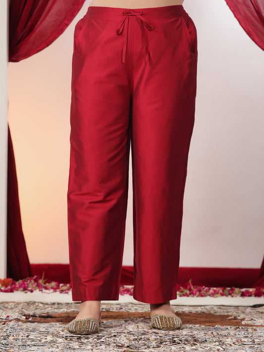 Chanderi Solid Red Straight Trousers