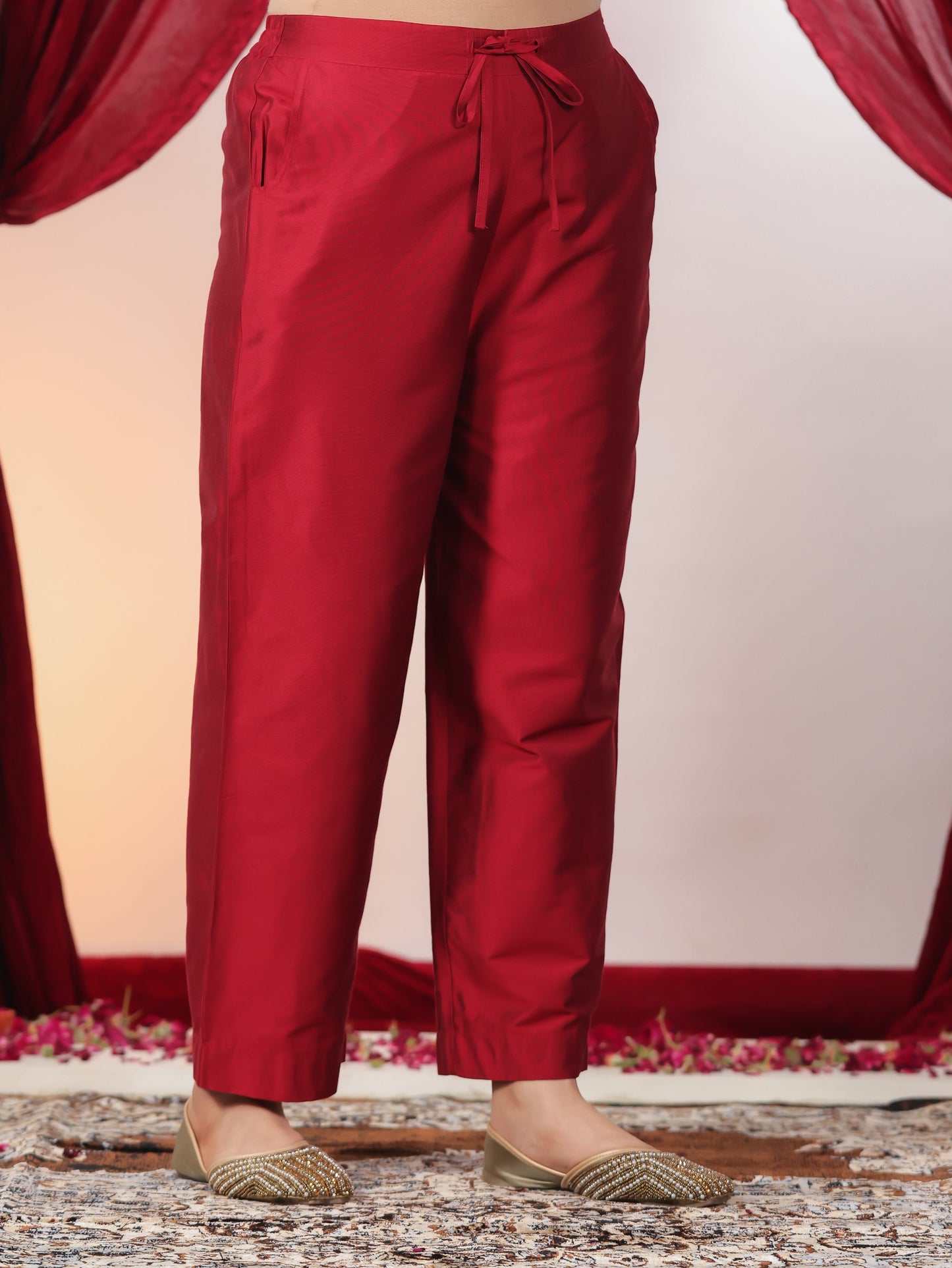 Chanderi Solid Red Straight Trousers