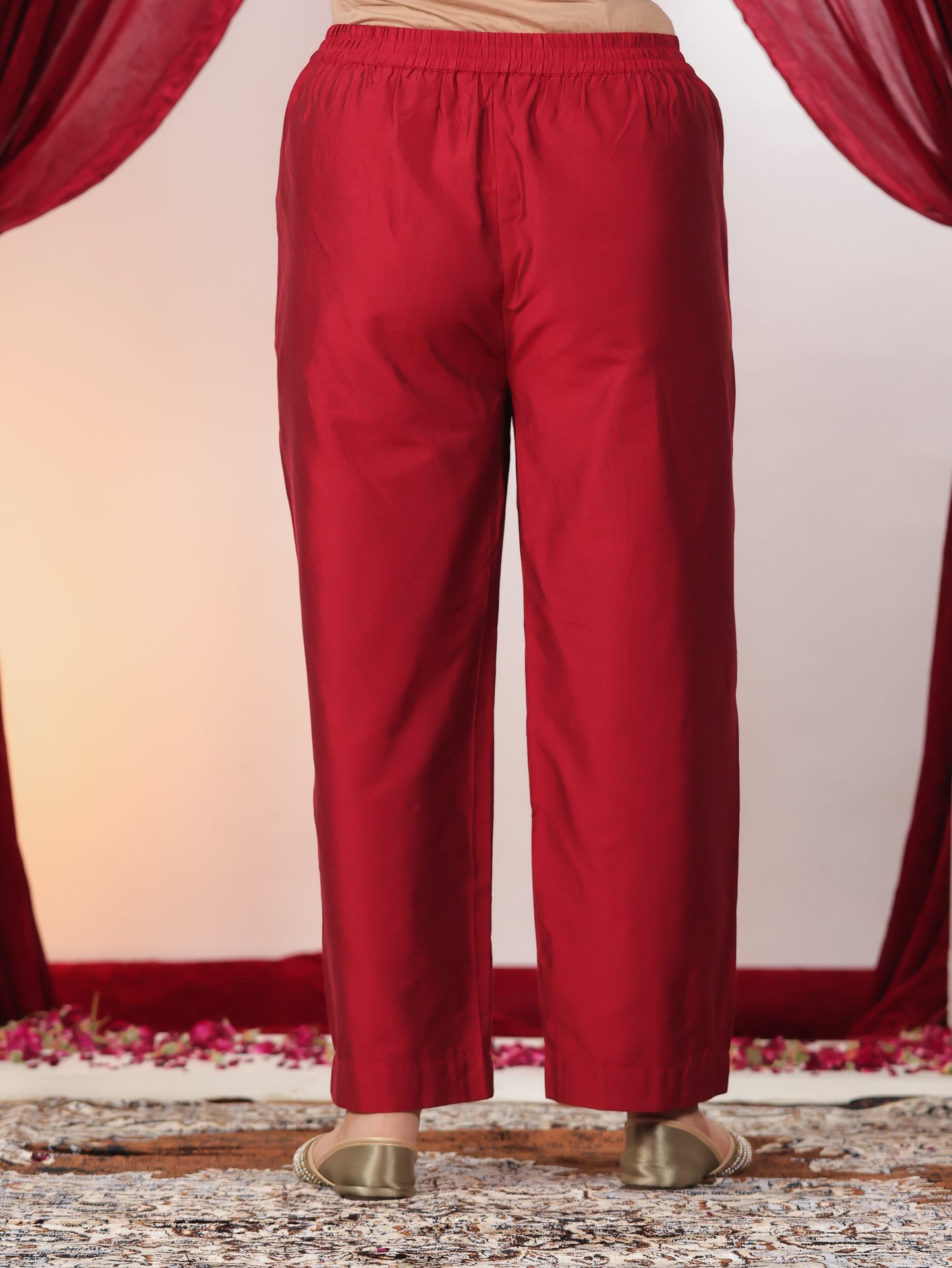 Chanderi Solid Red Straight Trousers