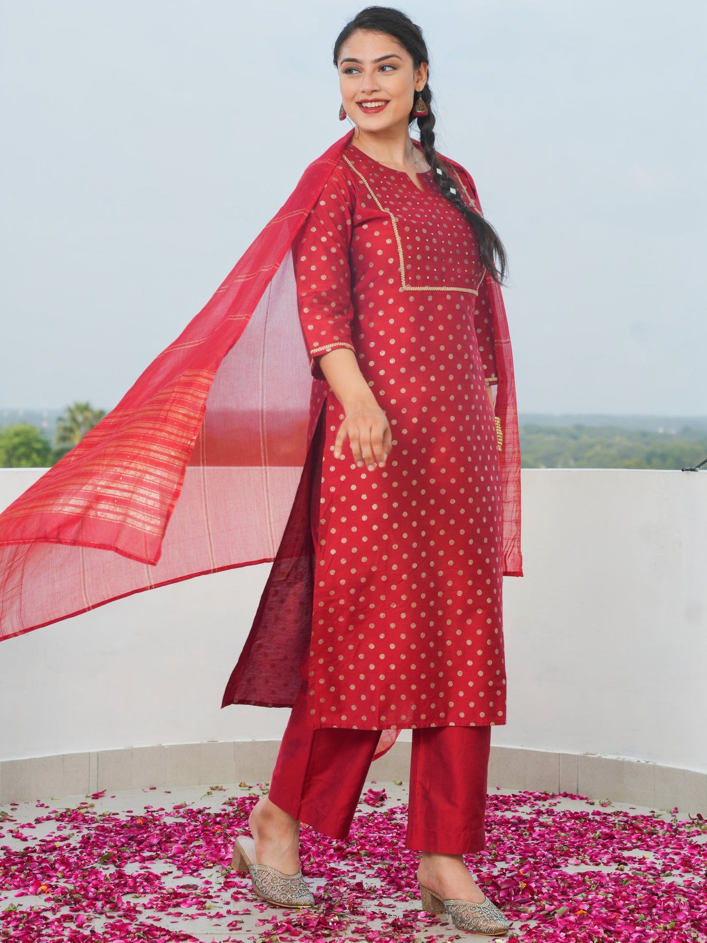 Chanderi Gold foil Straight Red Kurta