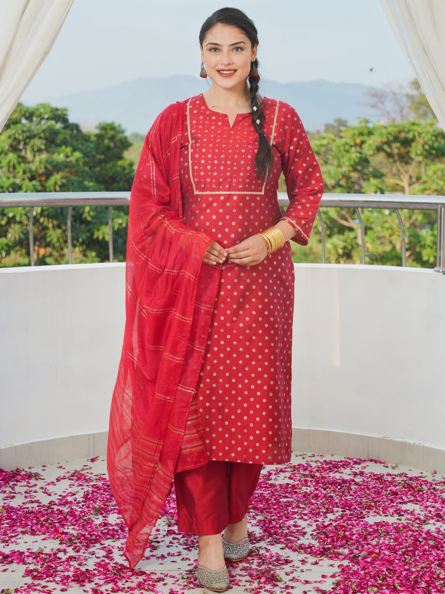 Chanderi Gold foil Straight Red Kurta