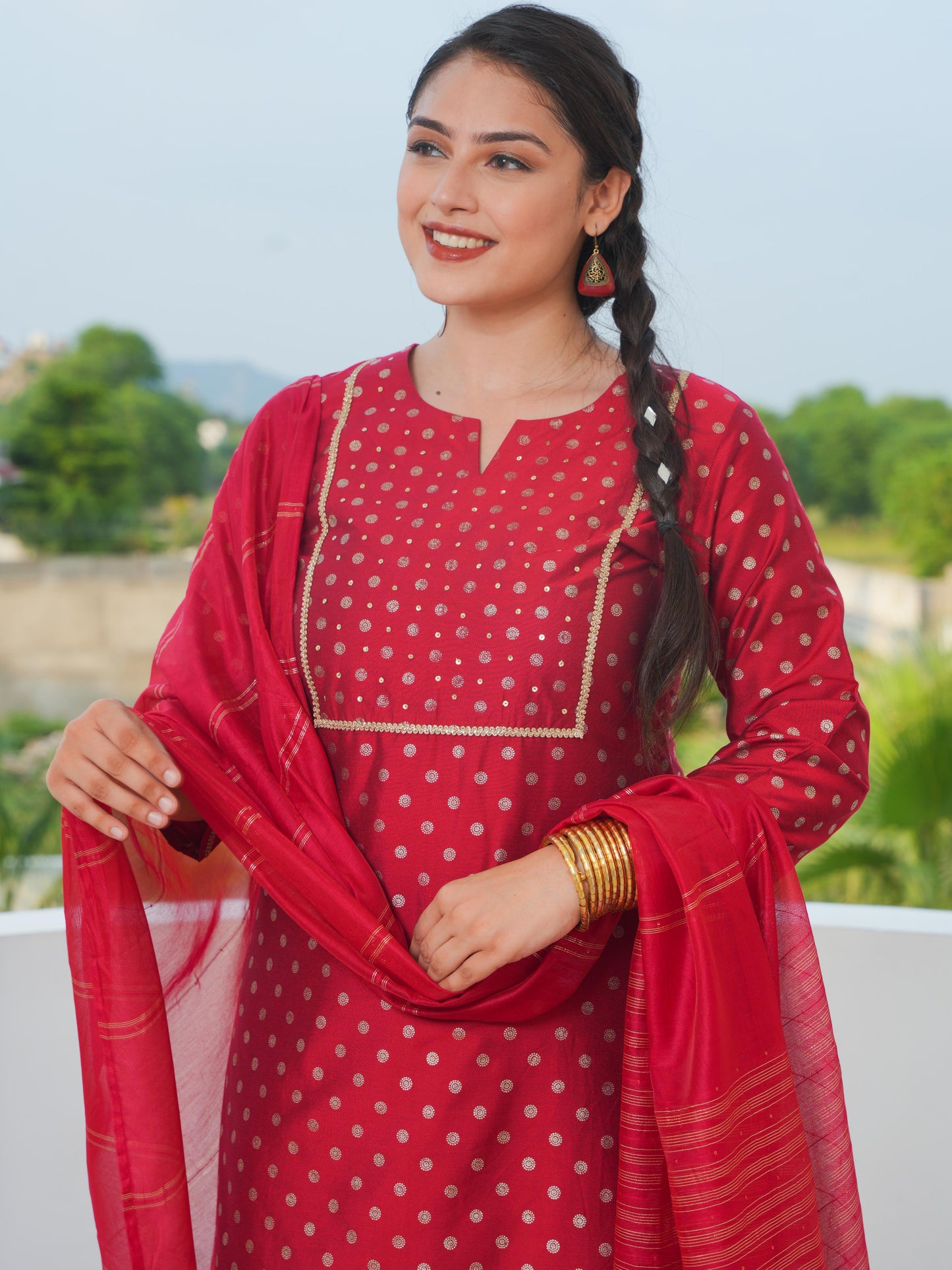 Chanderi Gold foil Straight Red Kurta