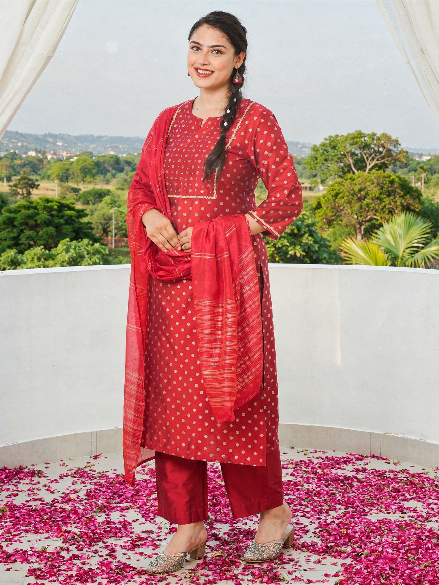 Chanderi Gold foil Straight Red Kurta