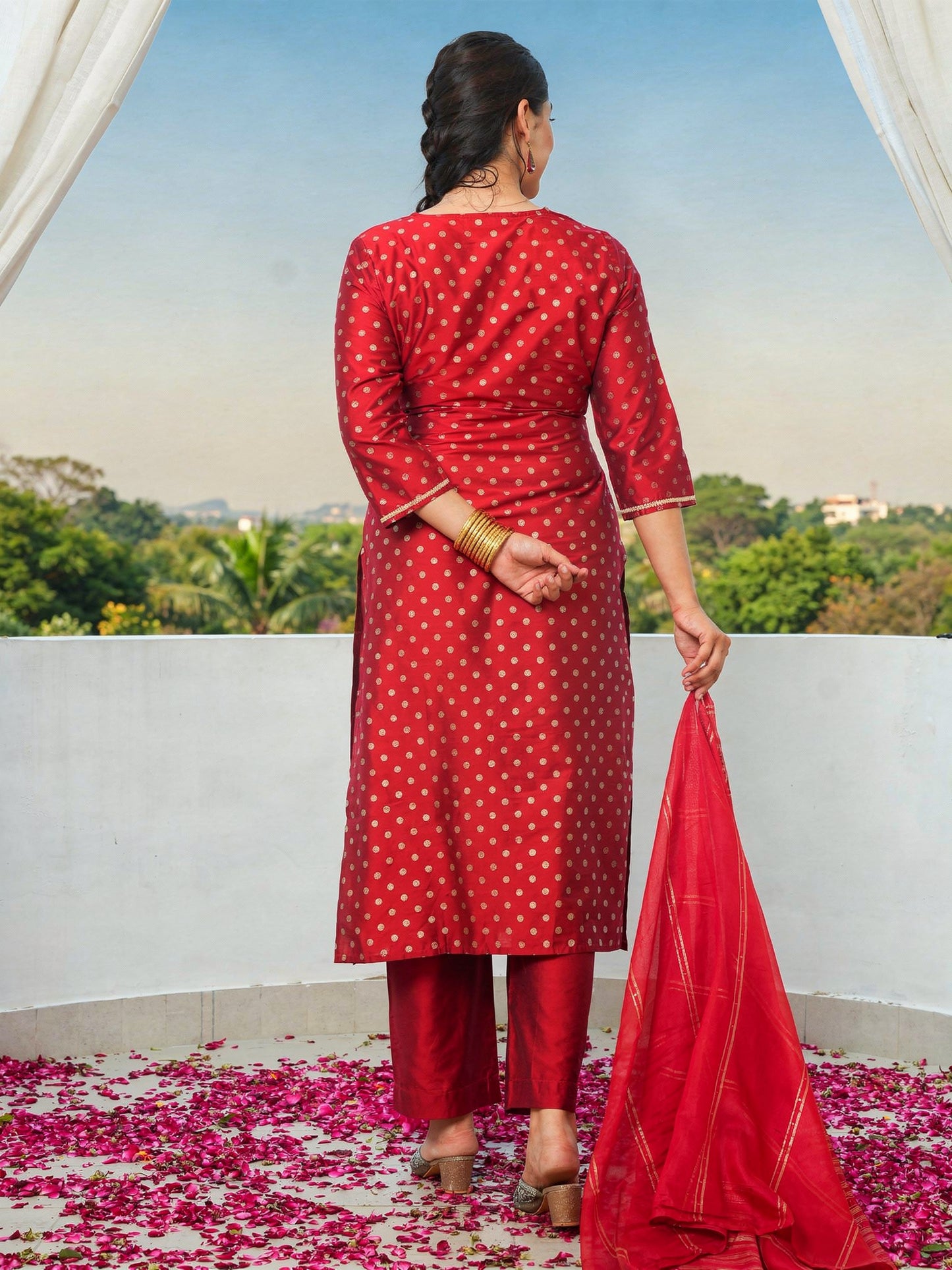Chanderi Gold foil Straight Red Kurta