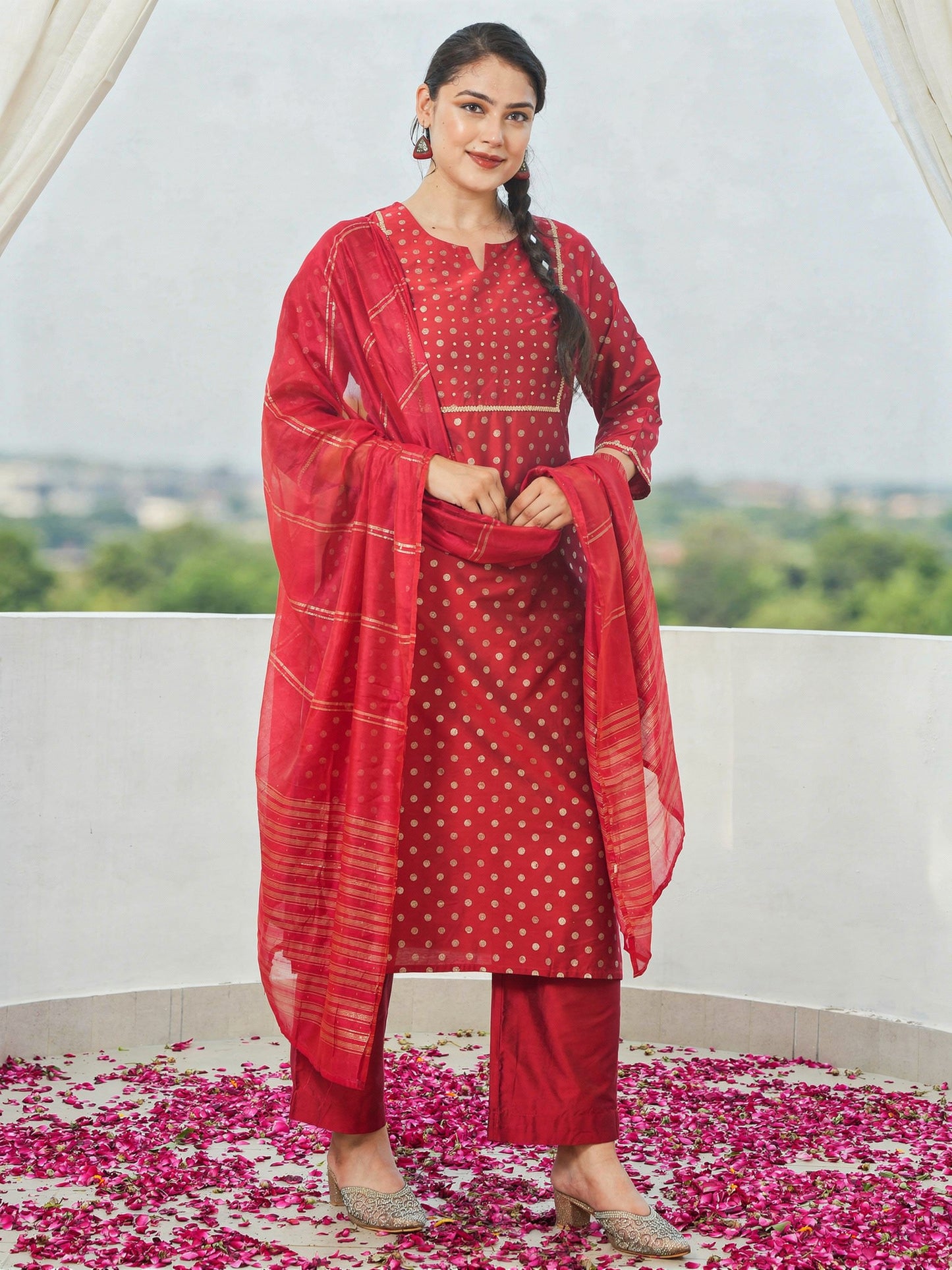 Chanderi Gold foil Straight Red Kurta