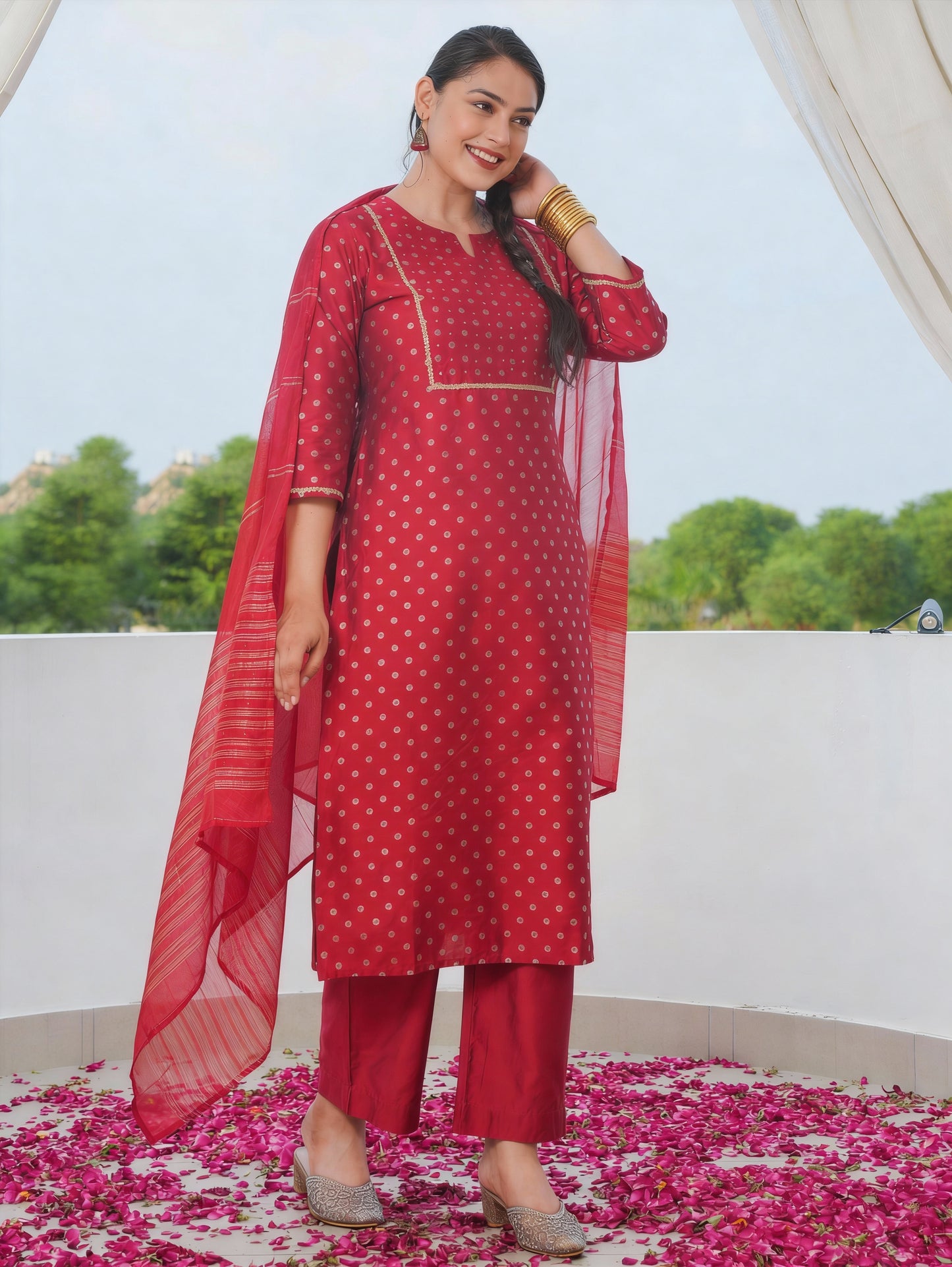 Chanderi Gold foil Straight Red Kurta