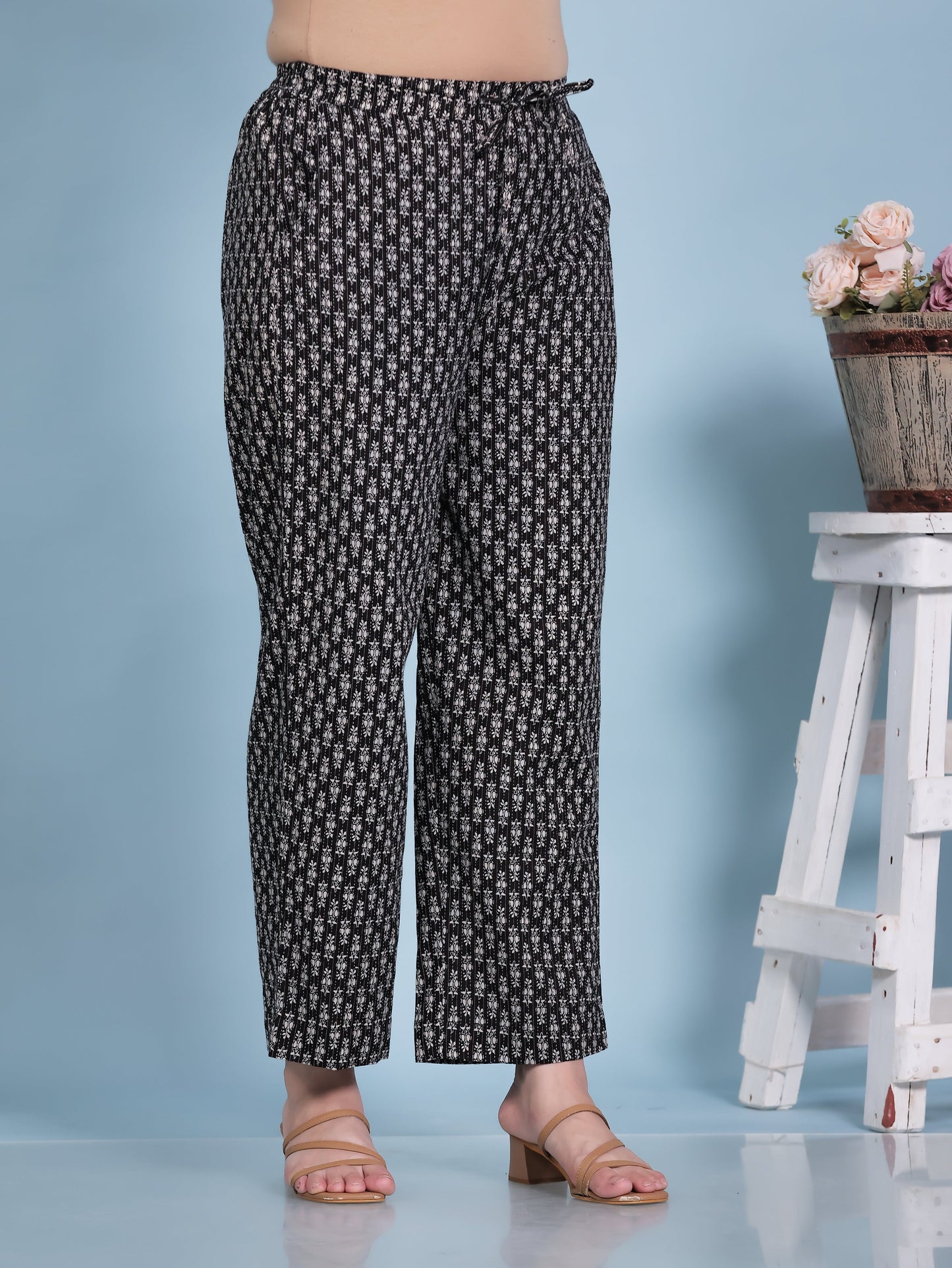 Kantha Cotton Butta Black Straight Trousers