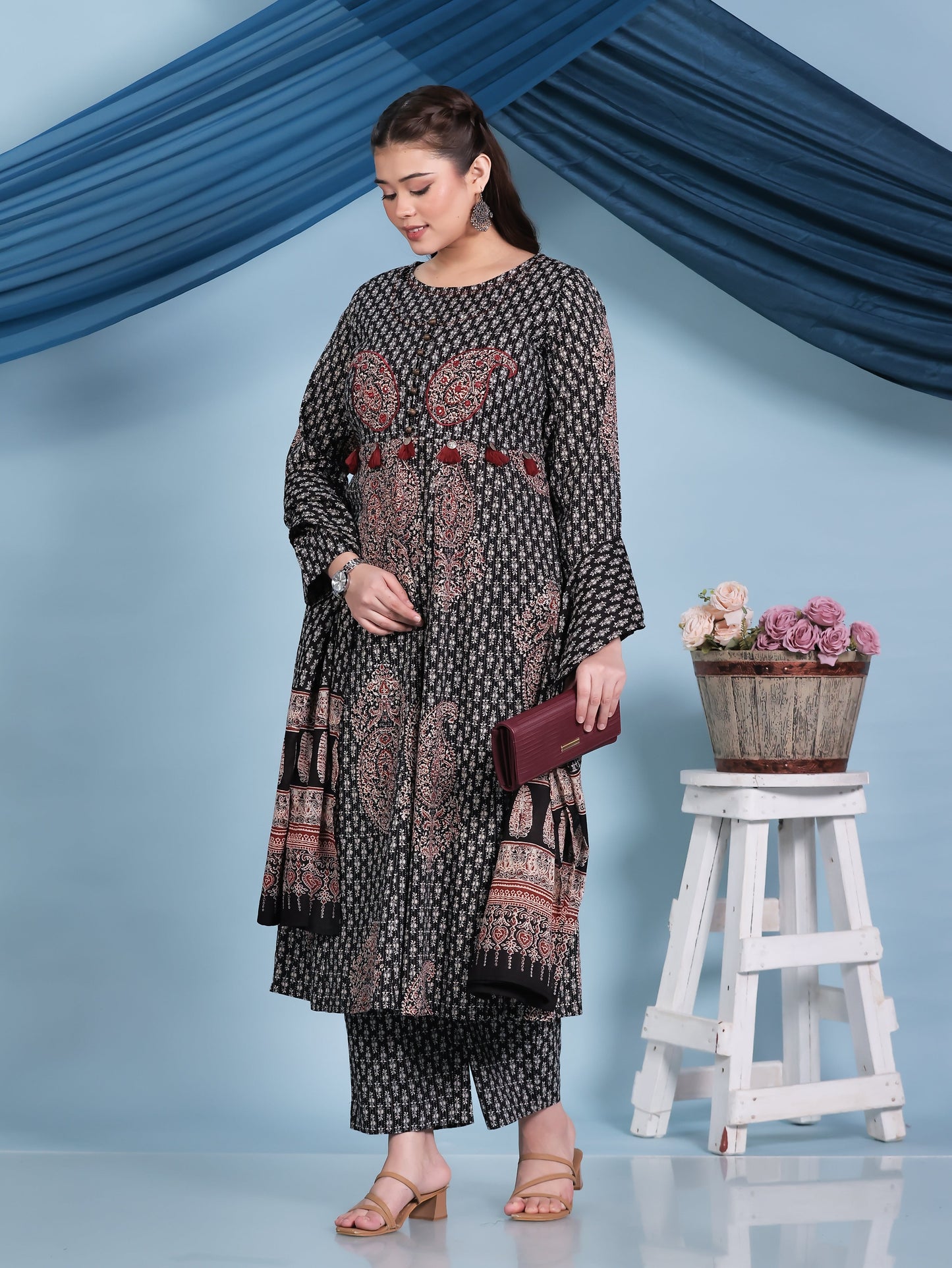 Embroidered Kantha Cotton Bagru Straight Black Kurta