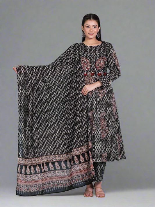 Embroidered Kantha Cotton Bagru Straight Black Kurta