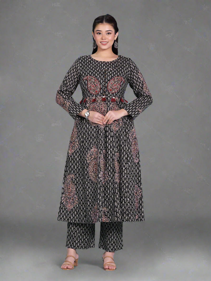 Embroidered Kantha Cotton Bagru Straight Black Kurta