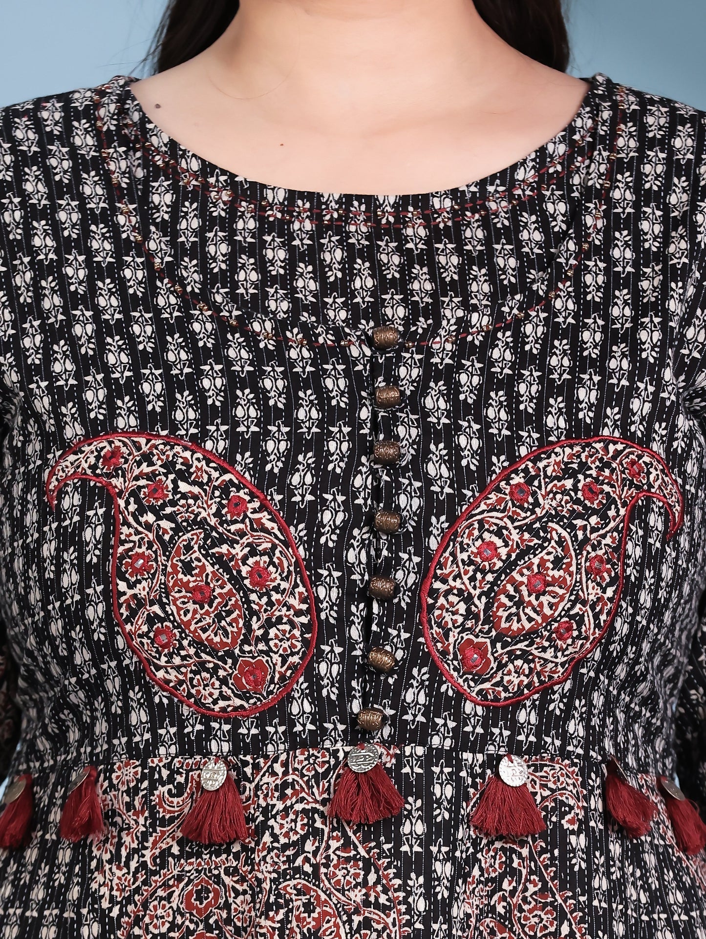 Embroidered Kantha Cotton Bagru Straight Black Kurta