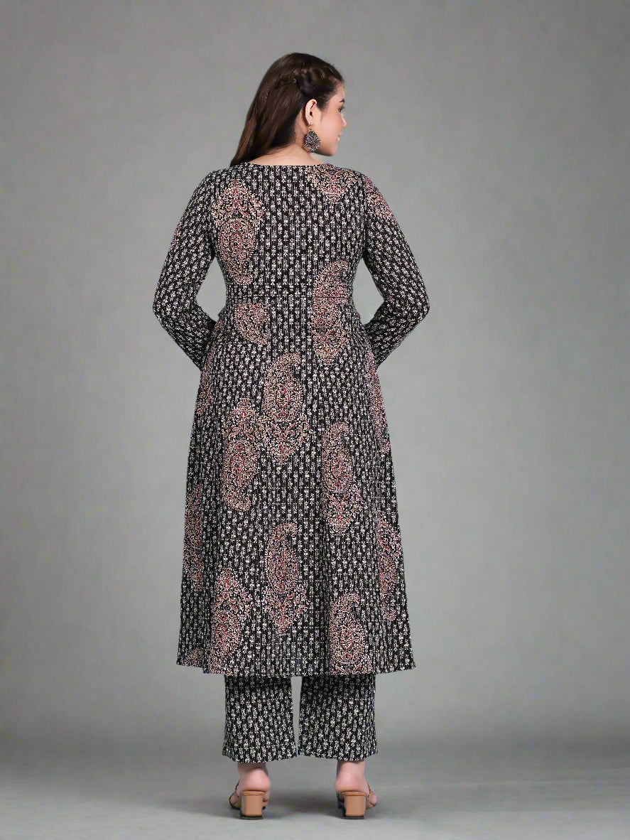 Embroidered Kantha Cotton Bagru Straight Black Kurta