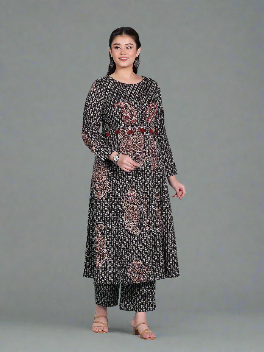Embroidered Kantha Cotton Bagru Straight Black Kurta