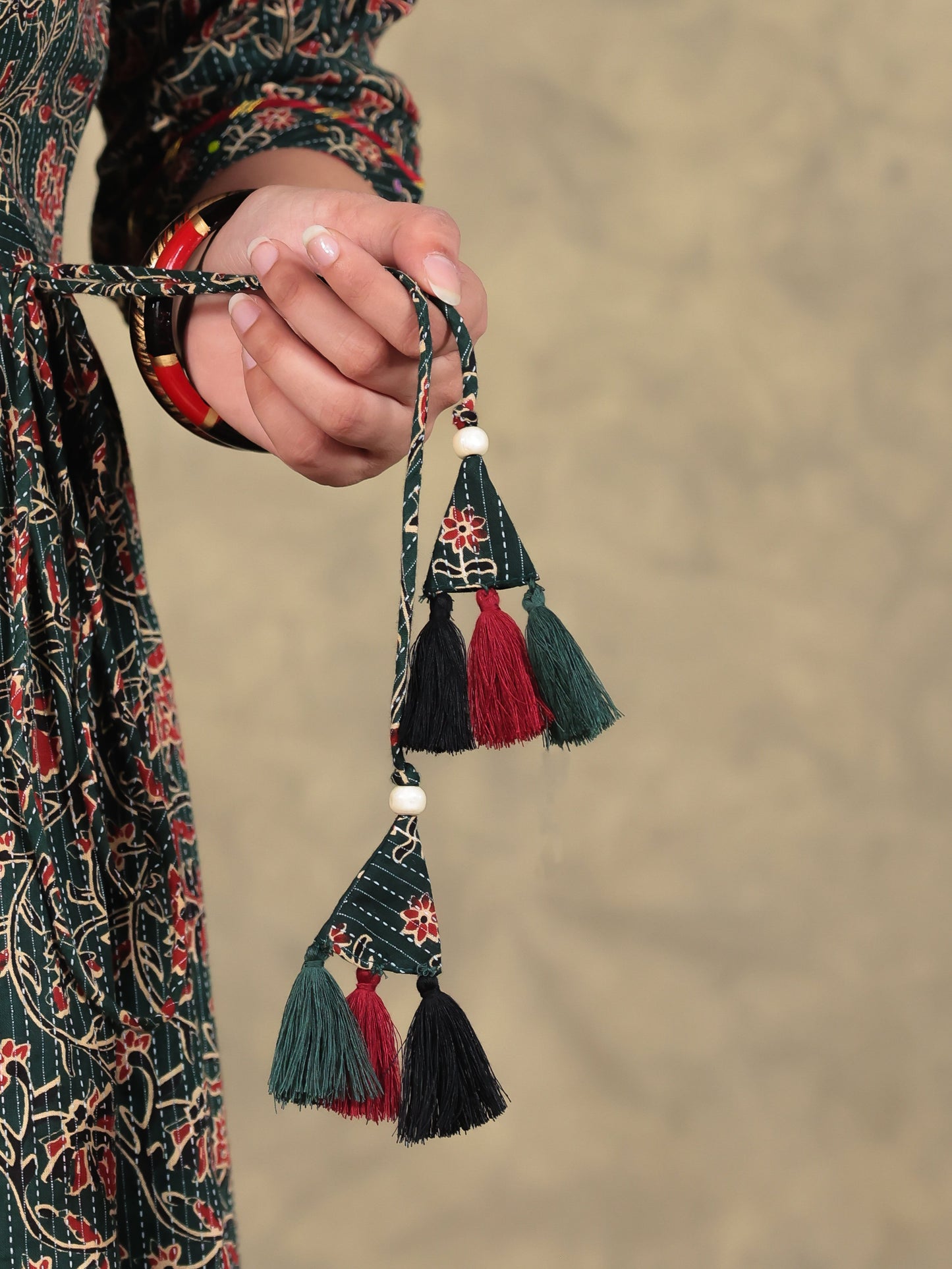 Kantha Cotton Floral Angrakha Green Kurta