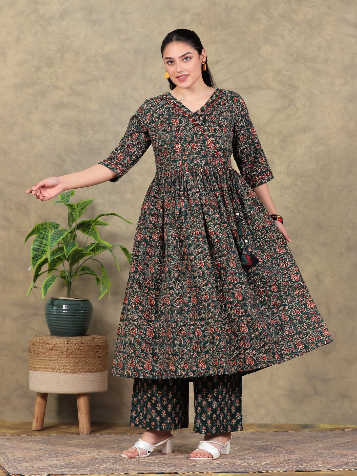 Kantha Cotton Floral Angrakha Green Kurta